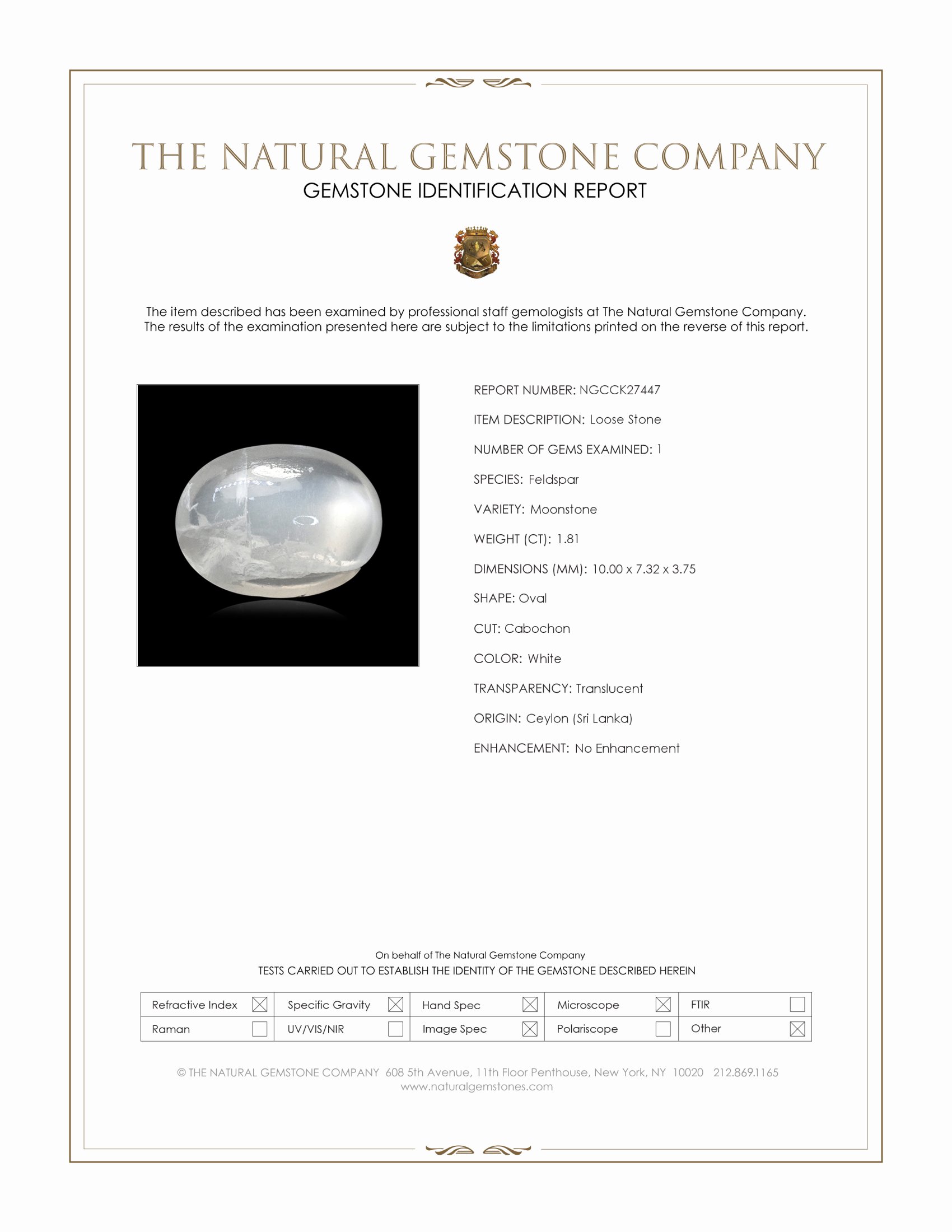 1.81 Ct. White Cabochon Moonstone from Ceylon (Sri Lanka)