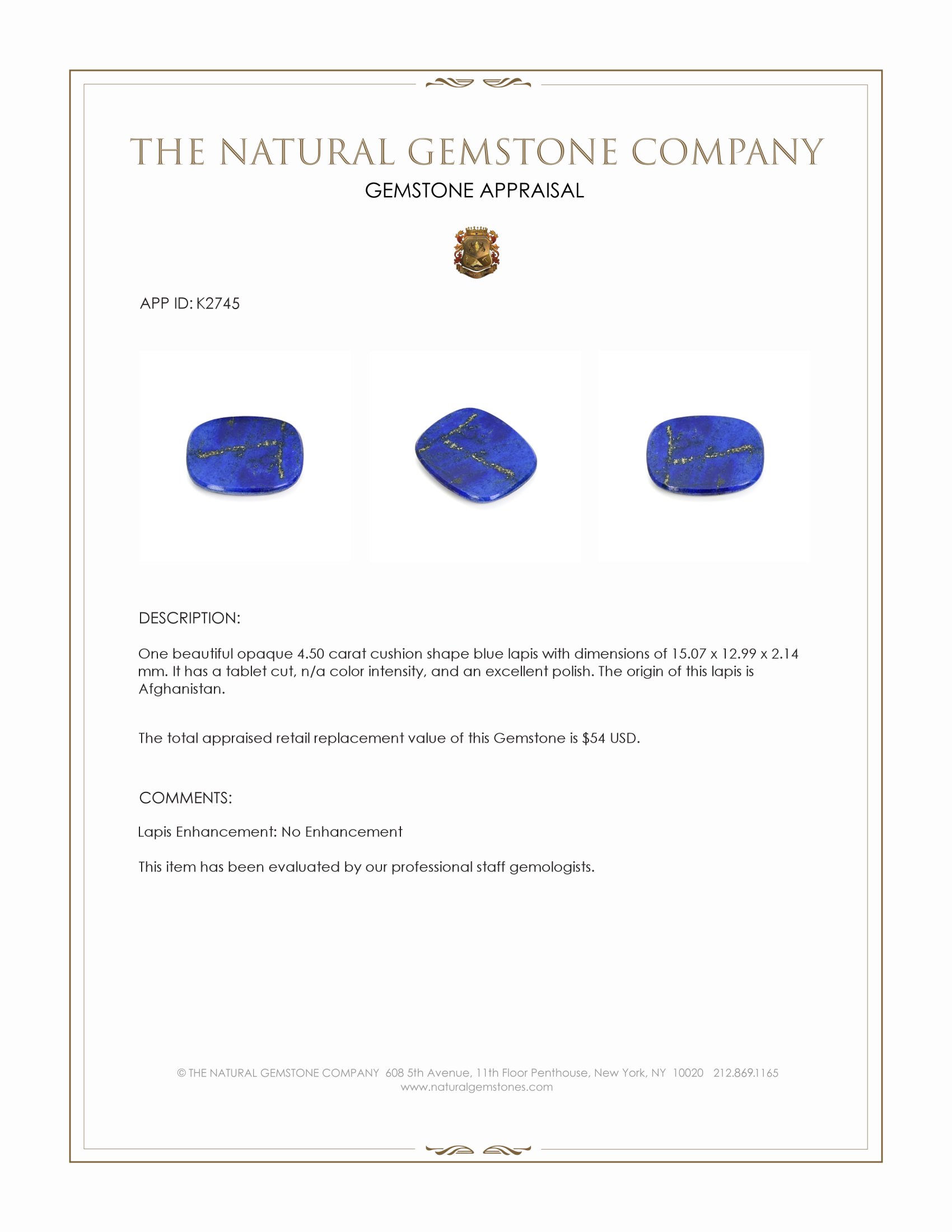 4.50 Ct. Lapis from Afghanistan