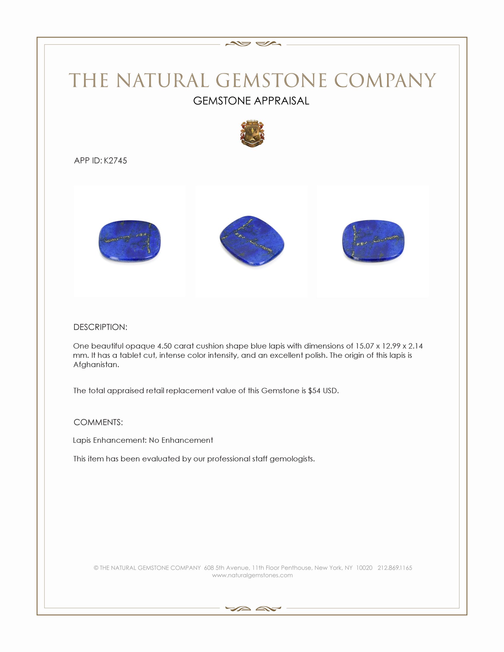 4.50 Ct. Lapis from Afghanistan