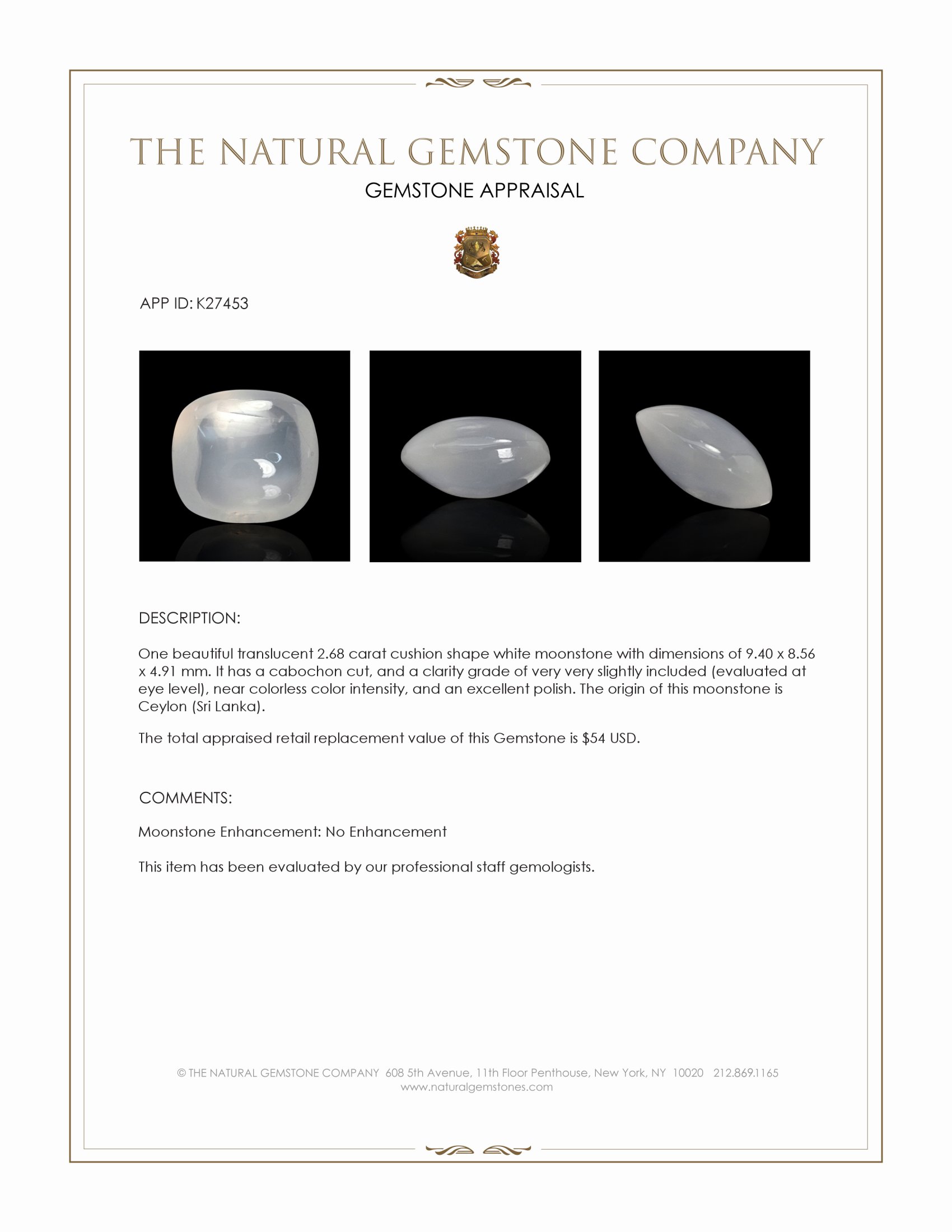 2.68 Ct. White Cabochon Moonstone from Ceylon (Sri Lanka)