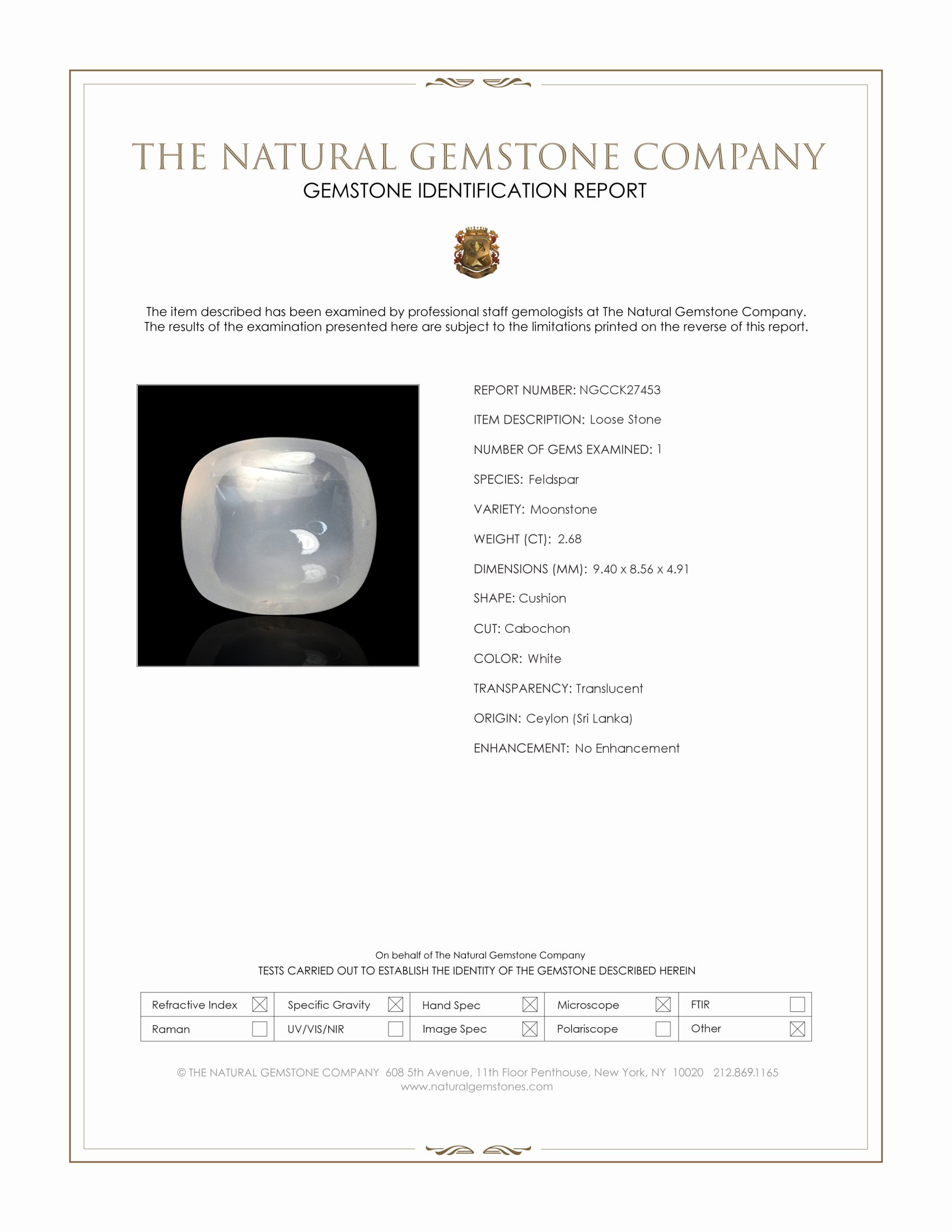 2.68 Ct. White Cabochon Moonstone from Ceylon (Sri Lanka)