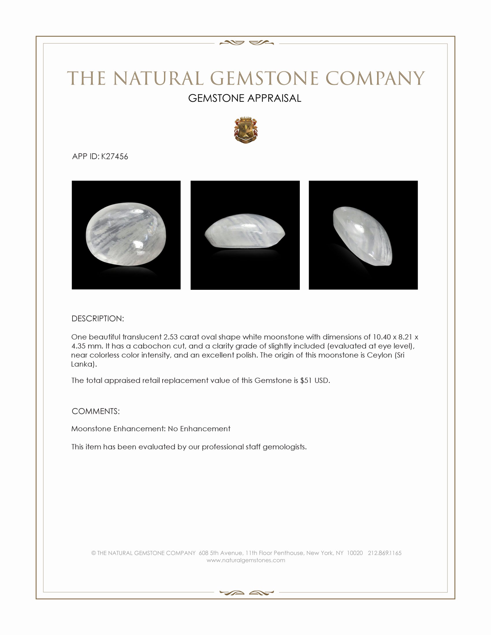2.53 Ct. White Cabochon Moonstone from Ceylon (Sri Lanka)