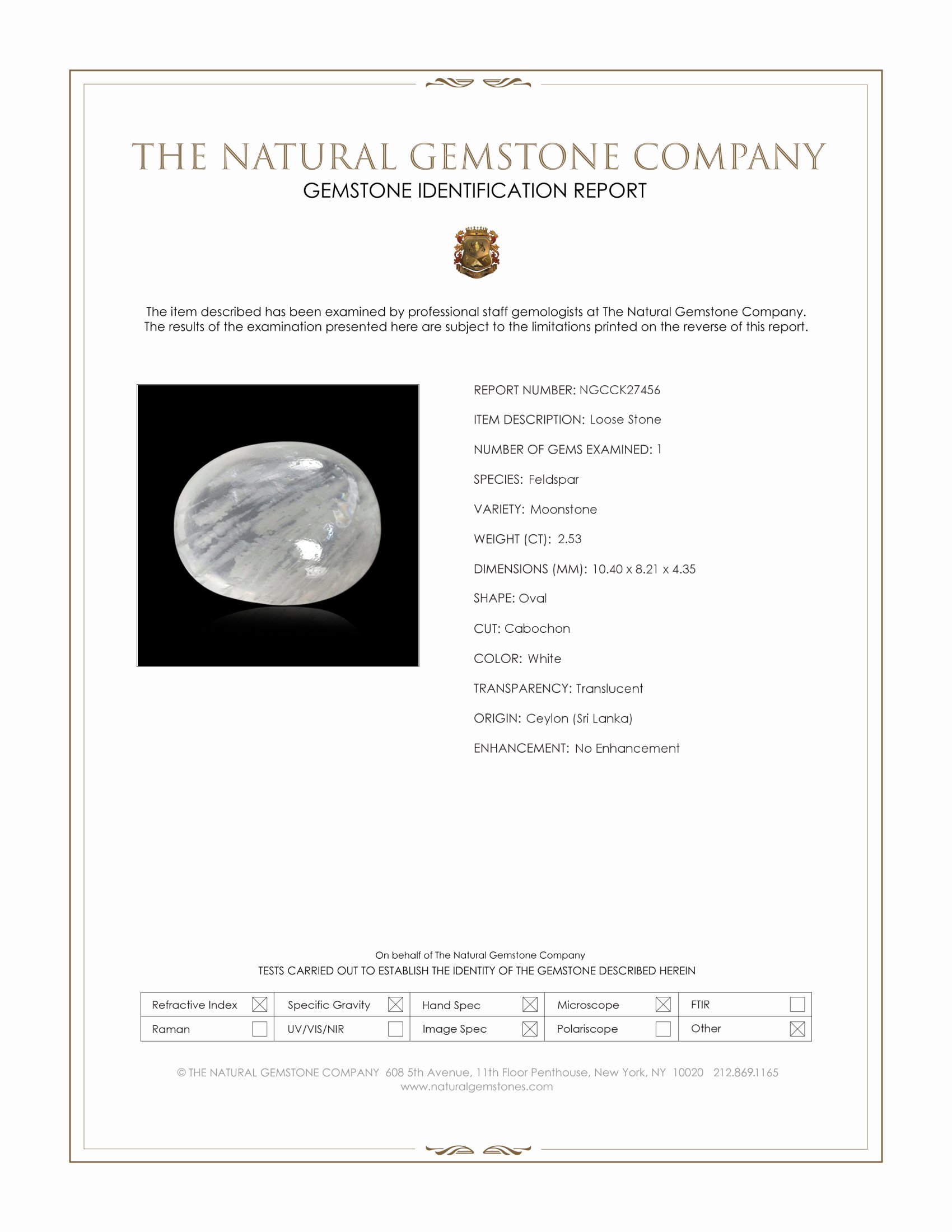 2.53 Ct. White Cabochon Moonstone from Ceylon (Sri Lanka)