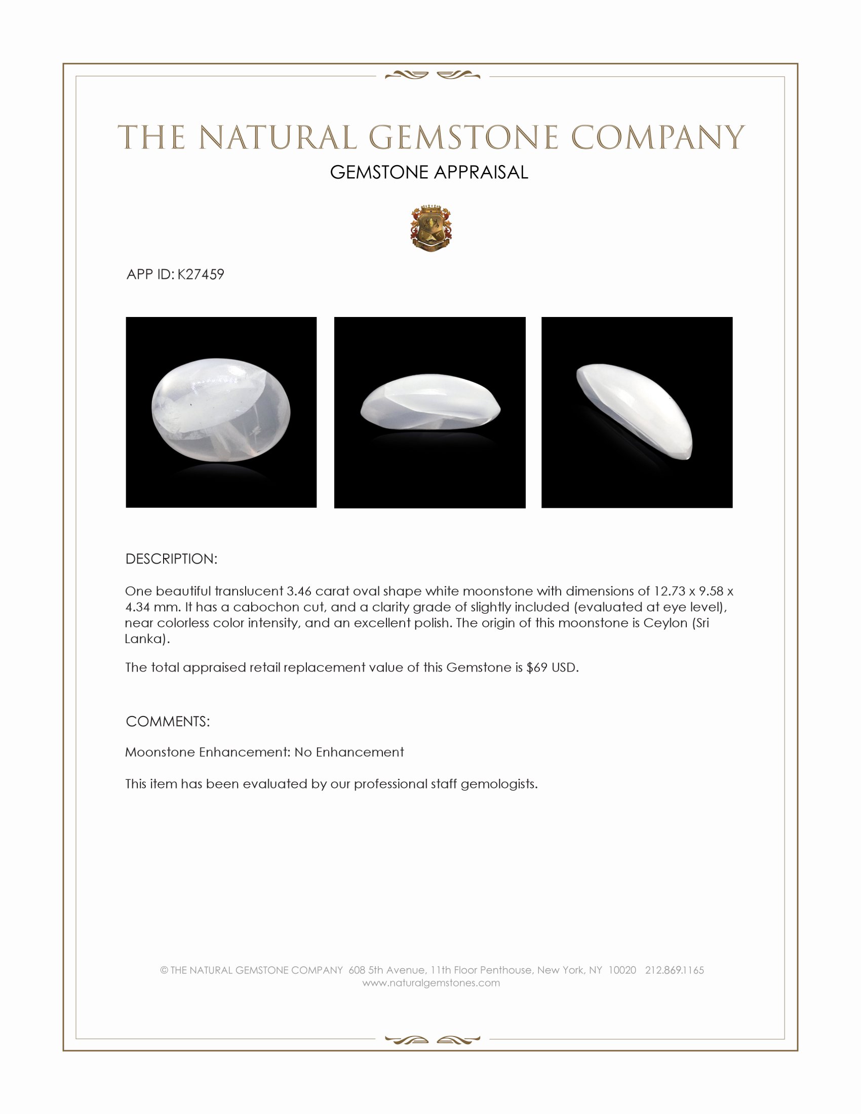 3.46 Ct. White Cabochon Moonstone from Ceylon (Sri Lanka)