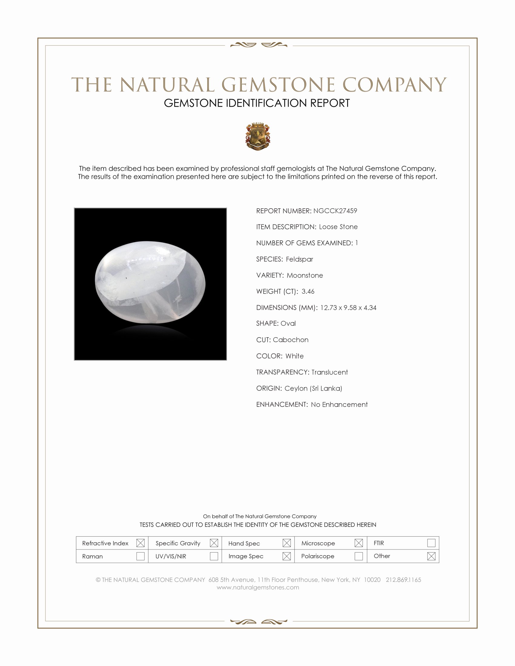 3.46 Ct. White Cabochon Moonstone from Ceylon (Sri Lanka)