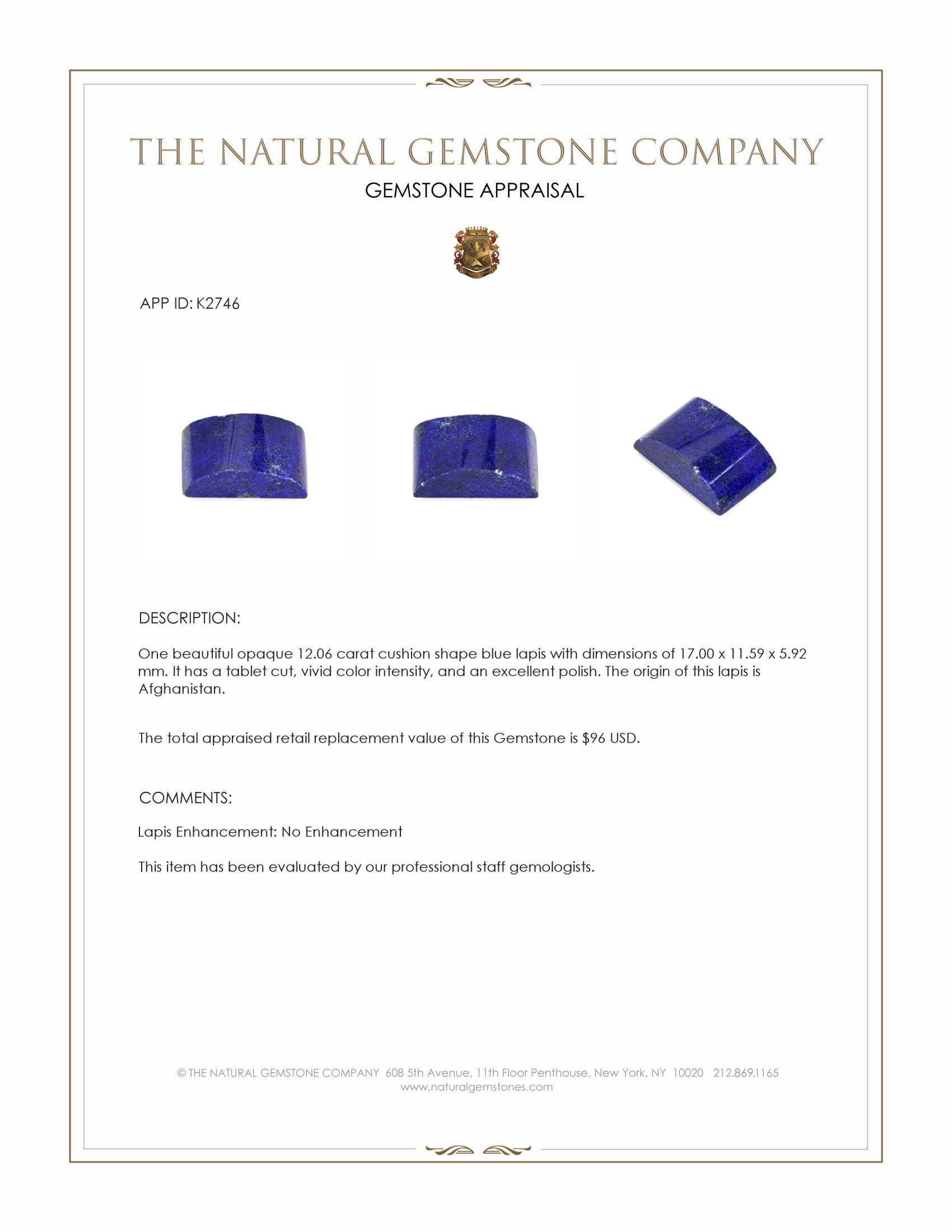 12.06 Ct. Lapis from Afghanistan