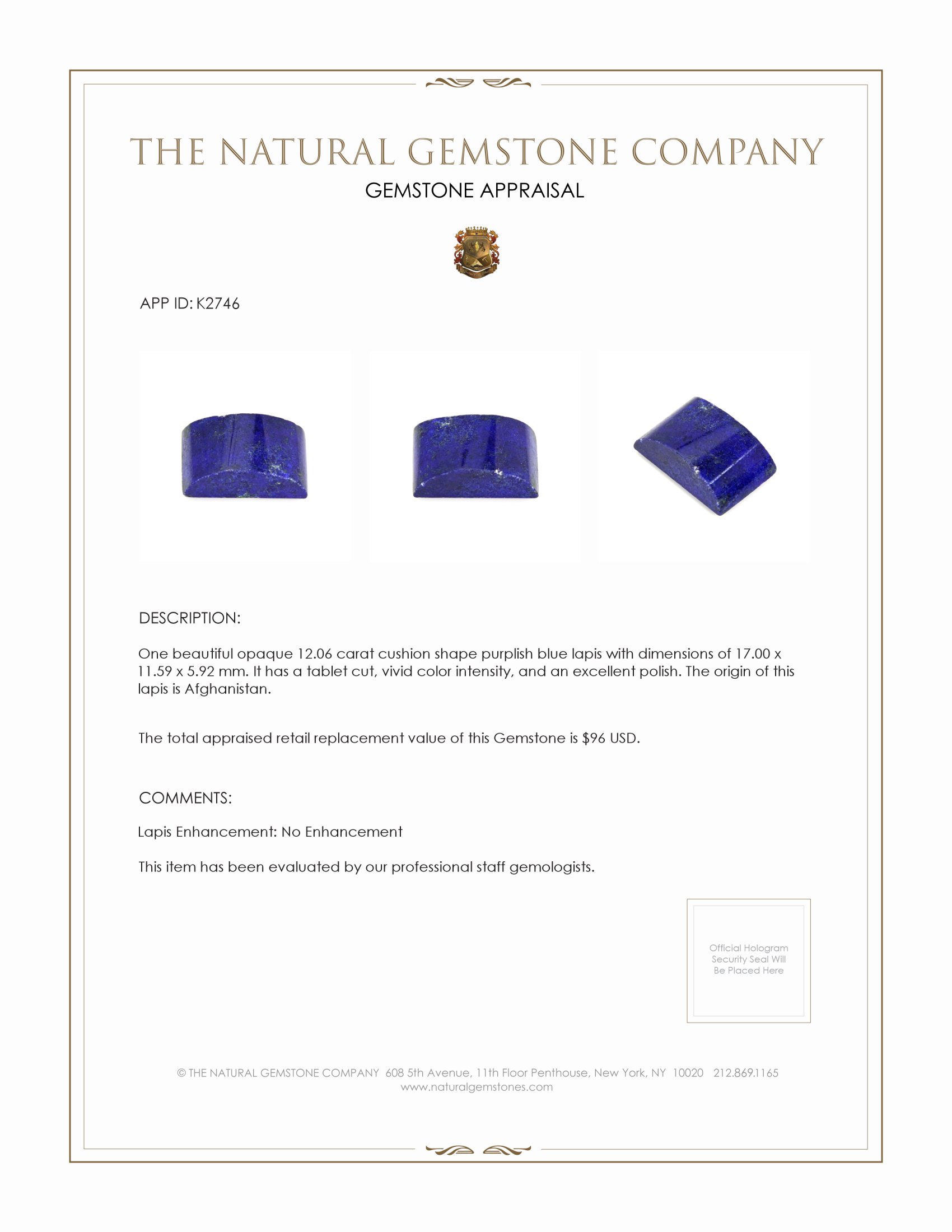 12.06 Ct. Lapis from Afghanistan