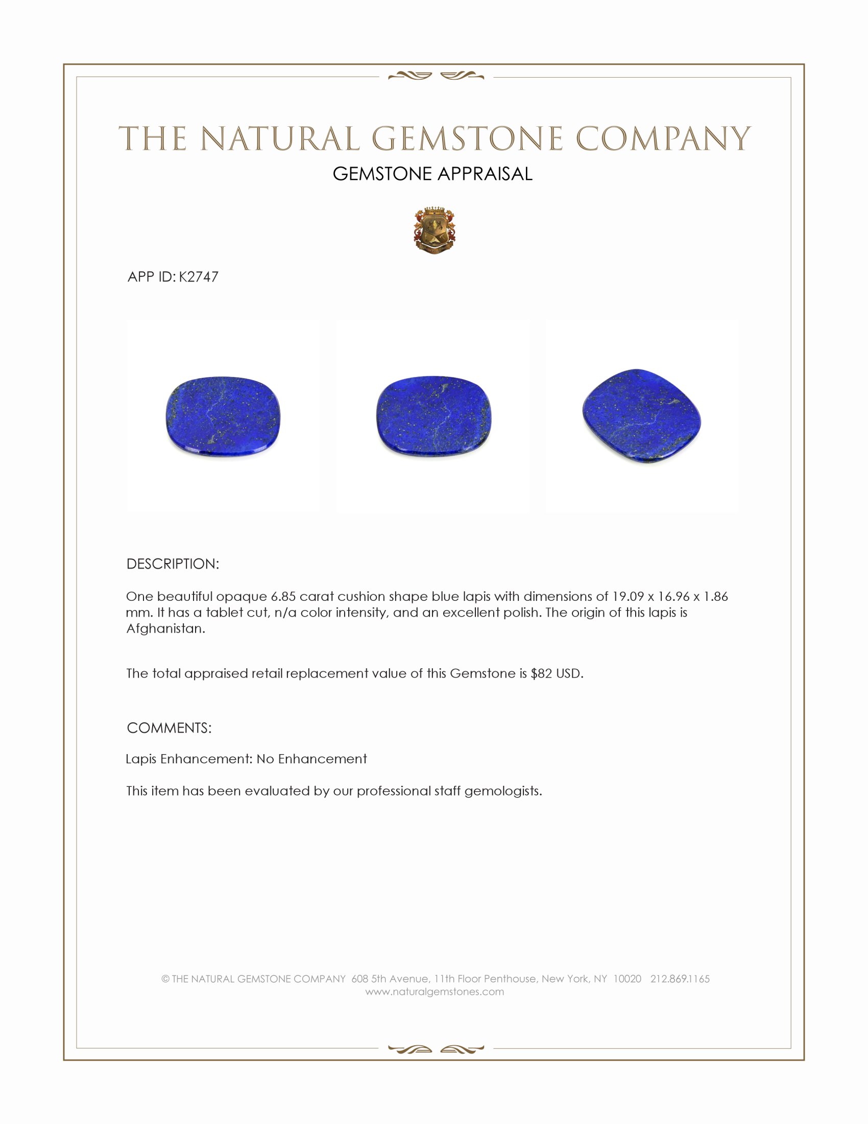 6.85 Ct. Lapis from Afghanistan