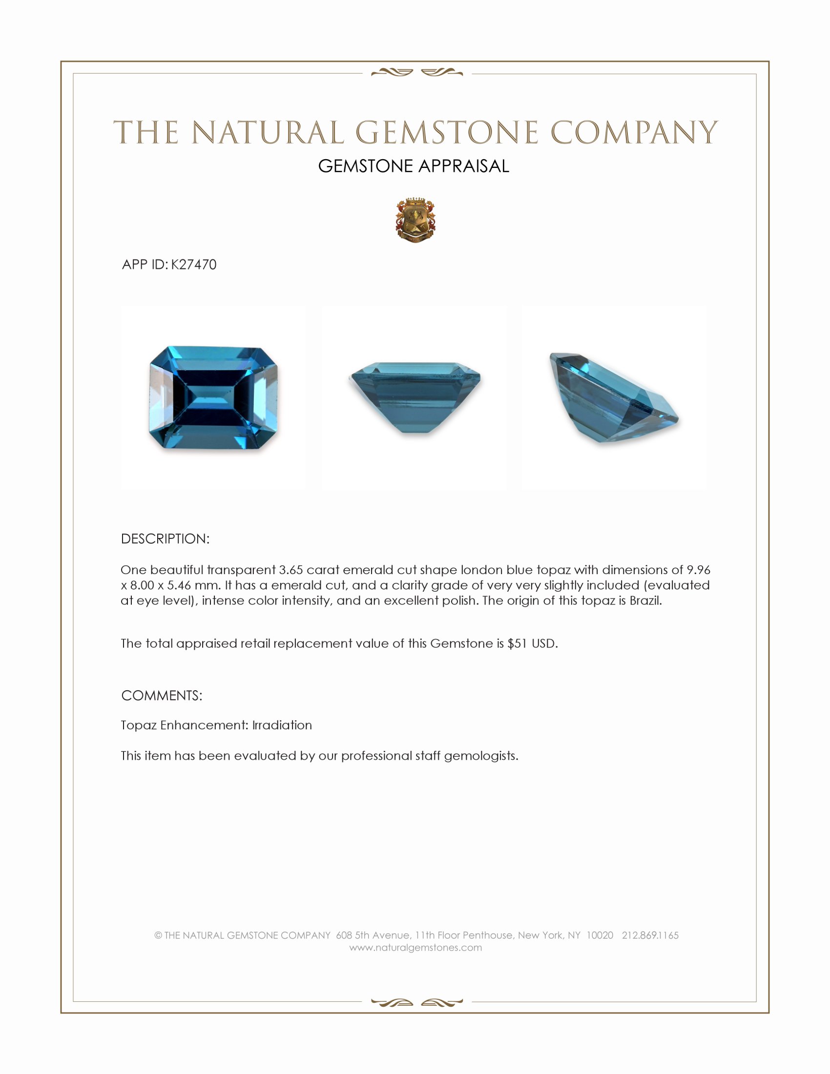 3.65 Ct. London Blue Topaz from Brazil