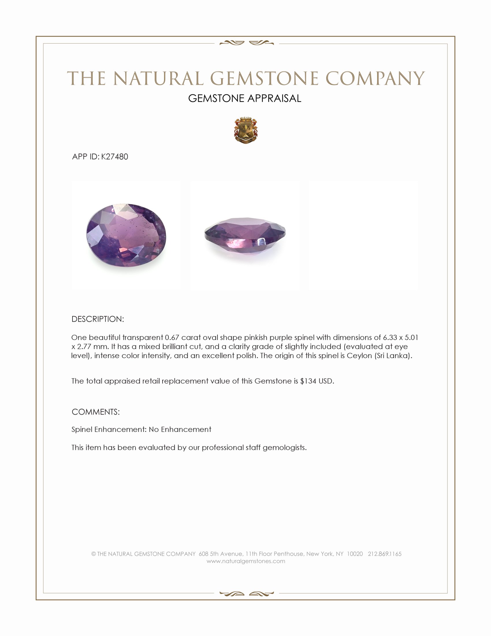 0.67 Ct. Pinkish Purple Spinel from Ceylon (Sri Lanka)