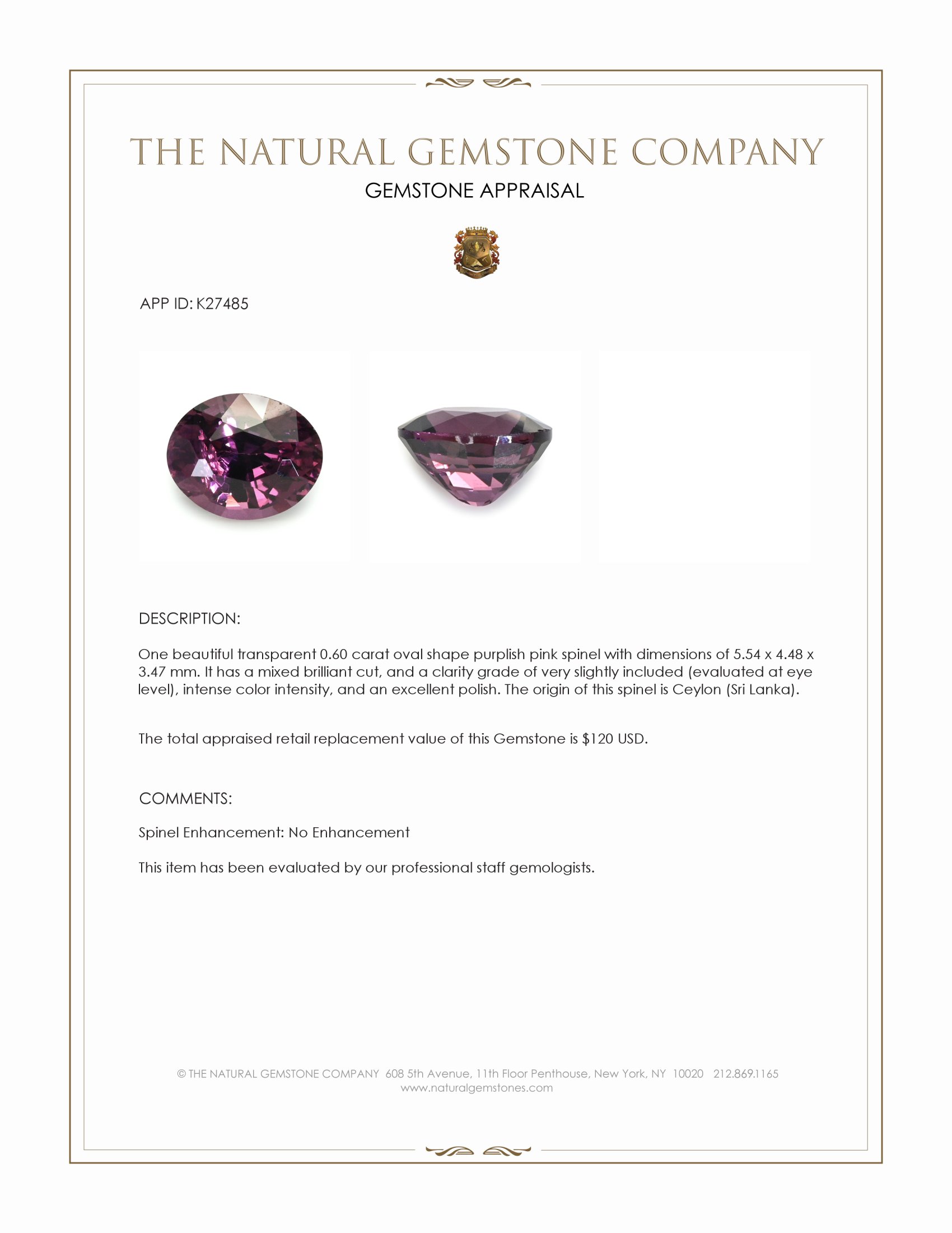 0.60 Ct. Purplish Pink Spinel from Ceylon (Sri Lanka)