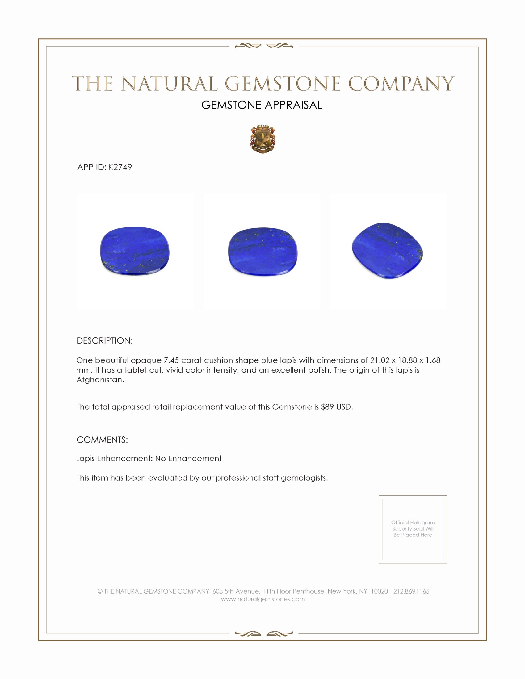 7.45 Ct. Lapis from Afghanistan