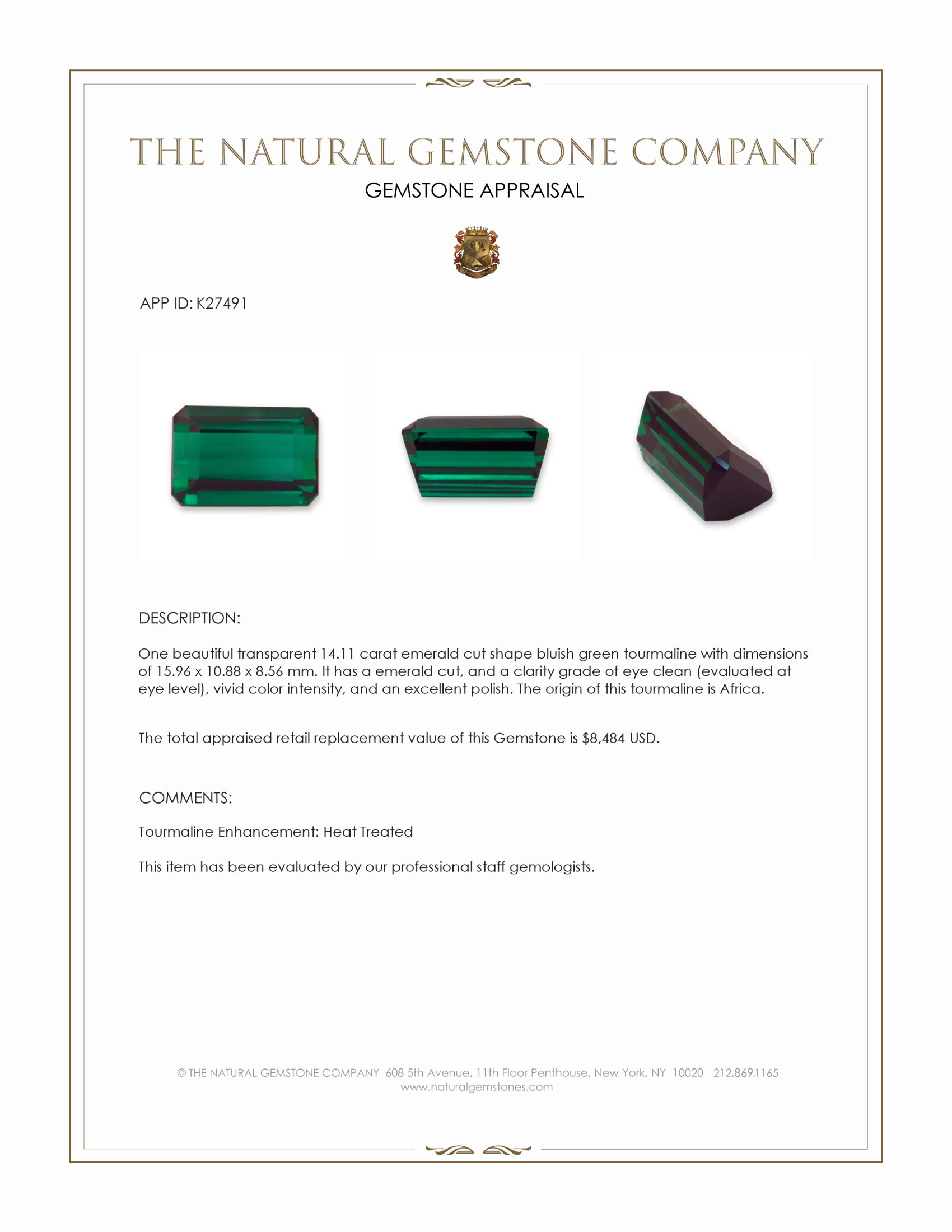 14.11 Ct. Bluish Green Tourmaline from Africa