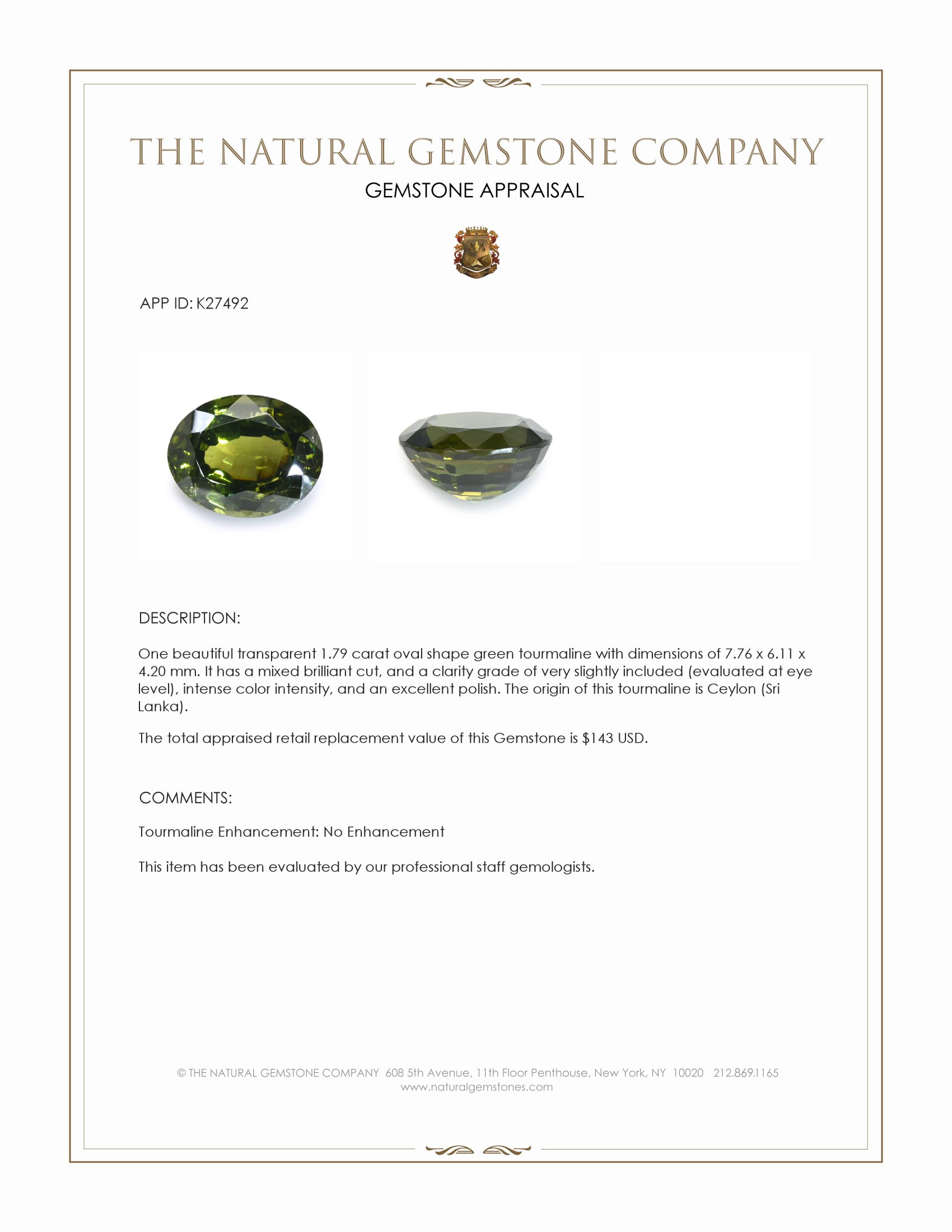 1.79 Ct. Green Tourmaline from Ceylon (Sri Lanka)