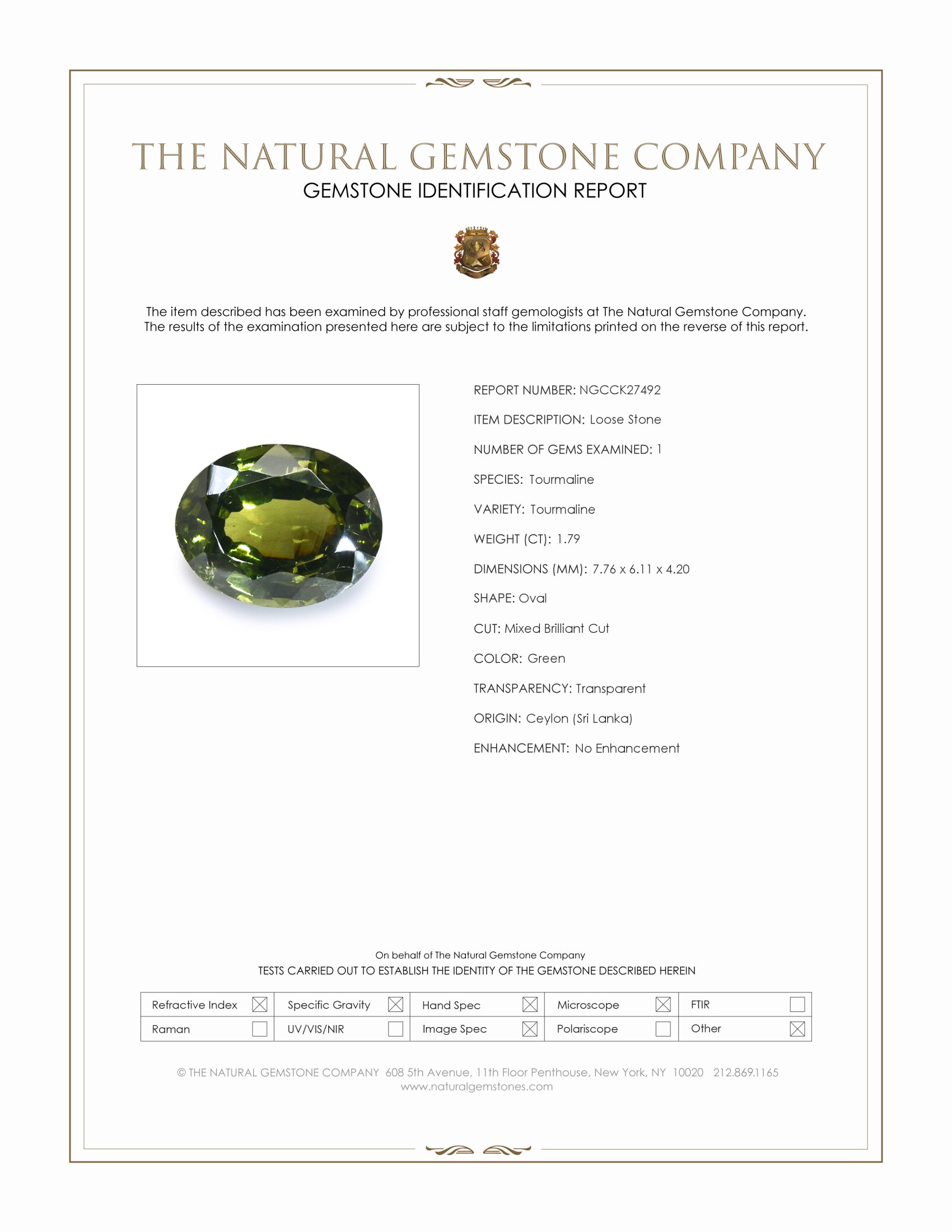 1.79 Ct. Green Tourmaline from Ceylon (Sri Lanka)