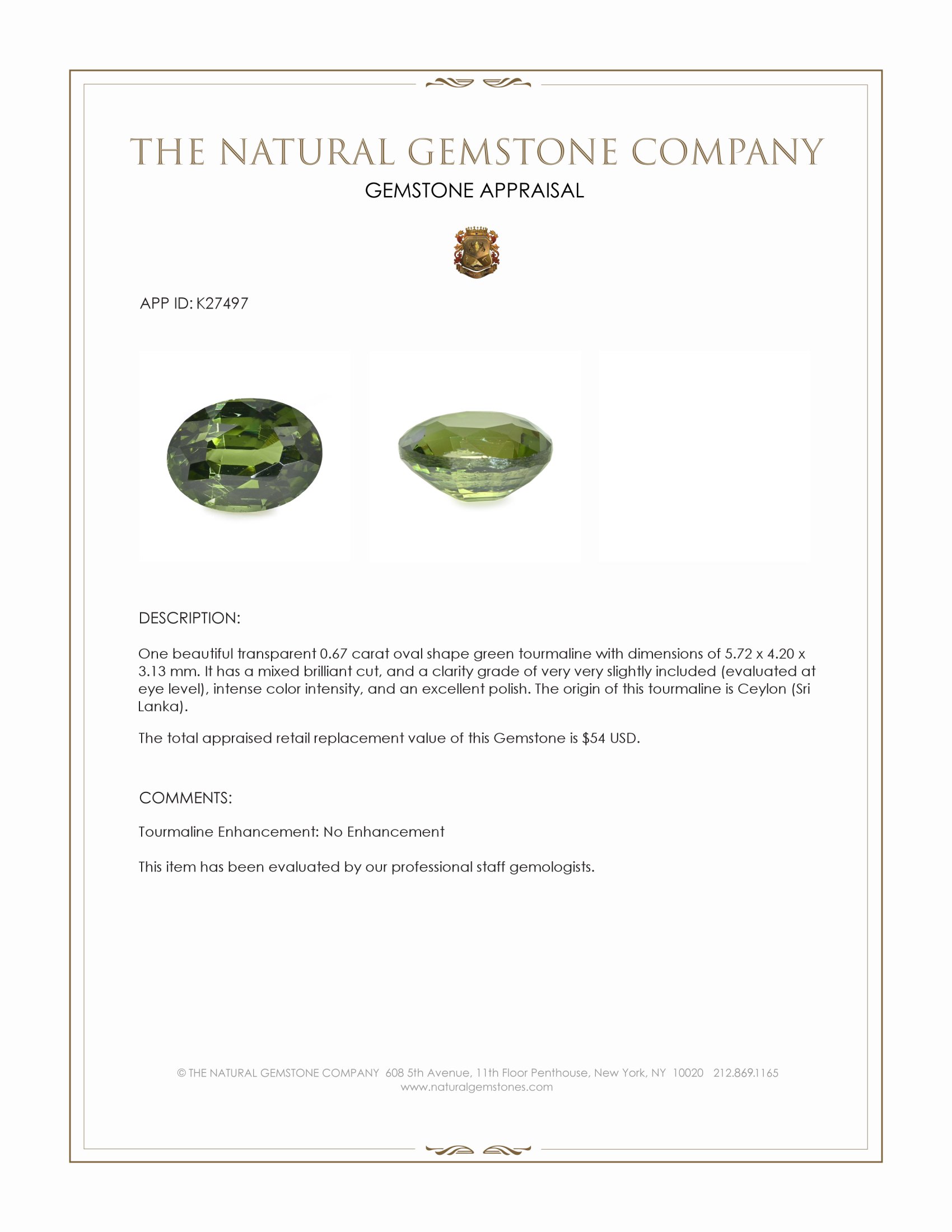 0.67 Ct. Green Tourmaline from Ceylon (Sri Lanka)