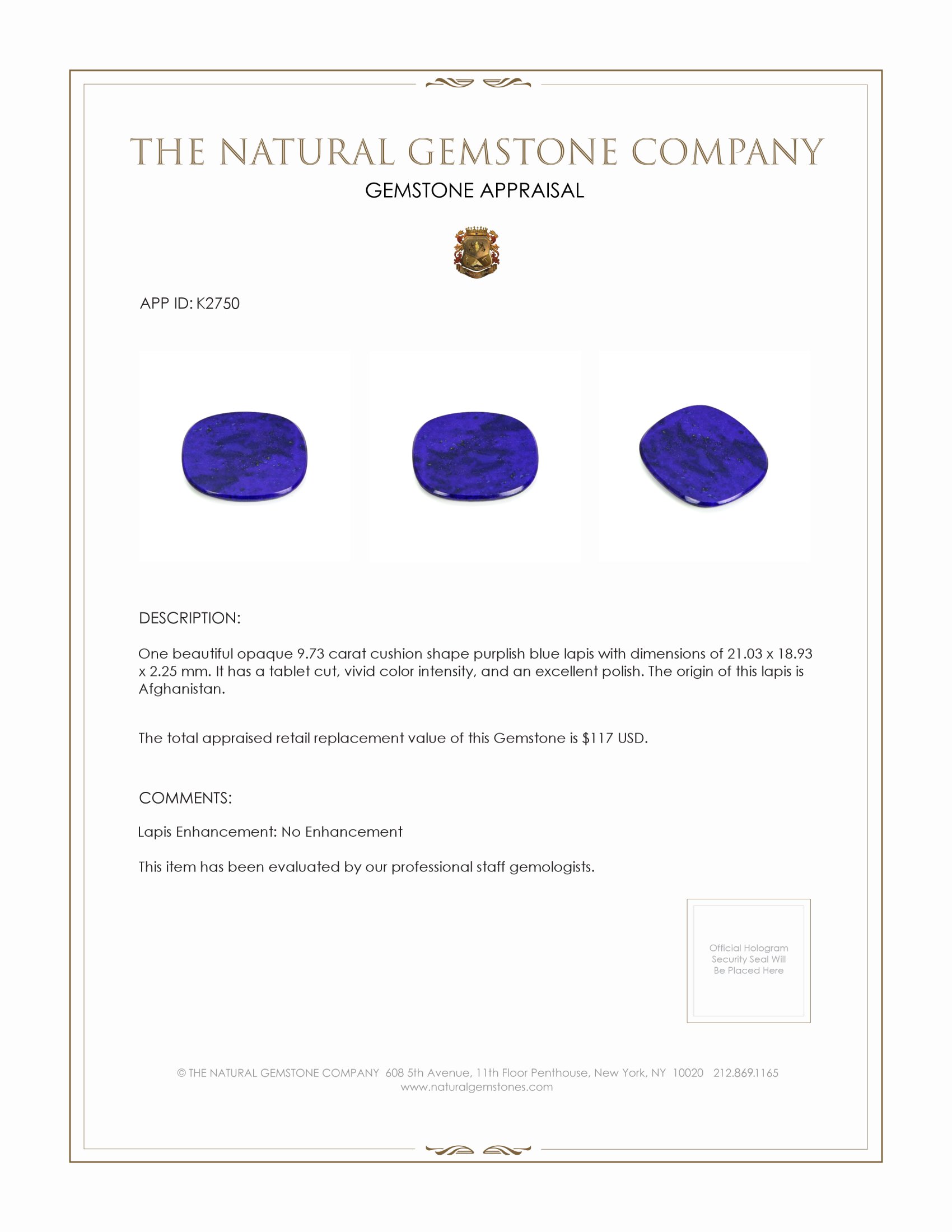 9.73 Ct. Lapis from Afghanistan