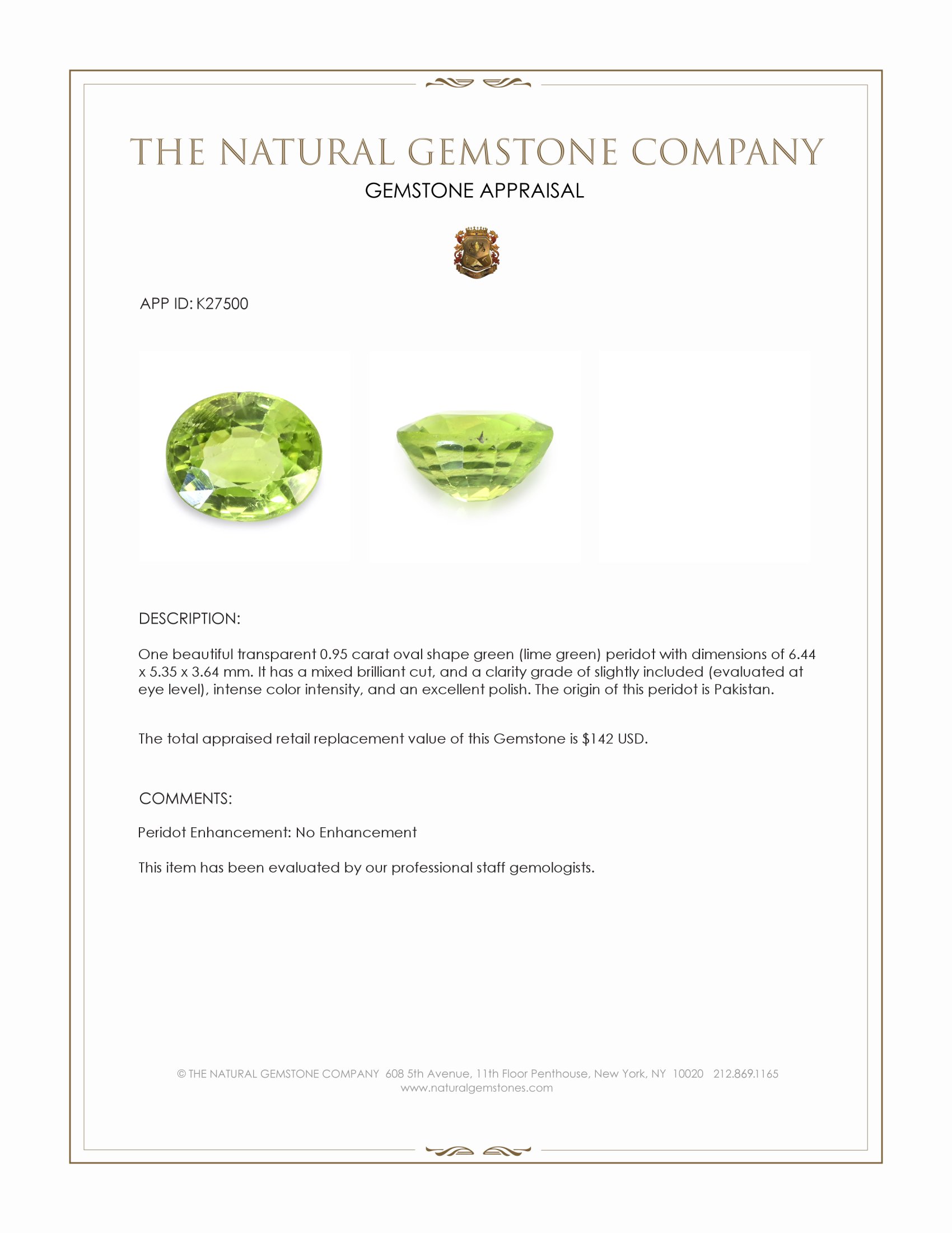 0.95 Ct. Green (Lime Green) Peridot from Pakistan
