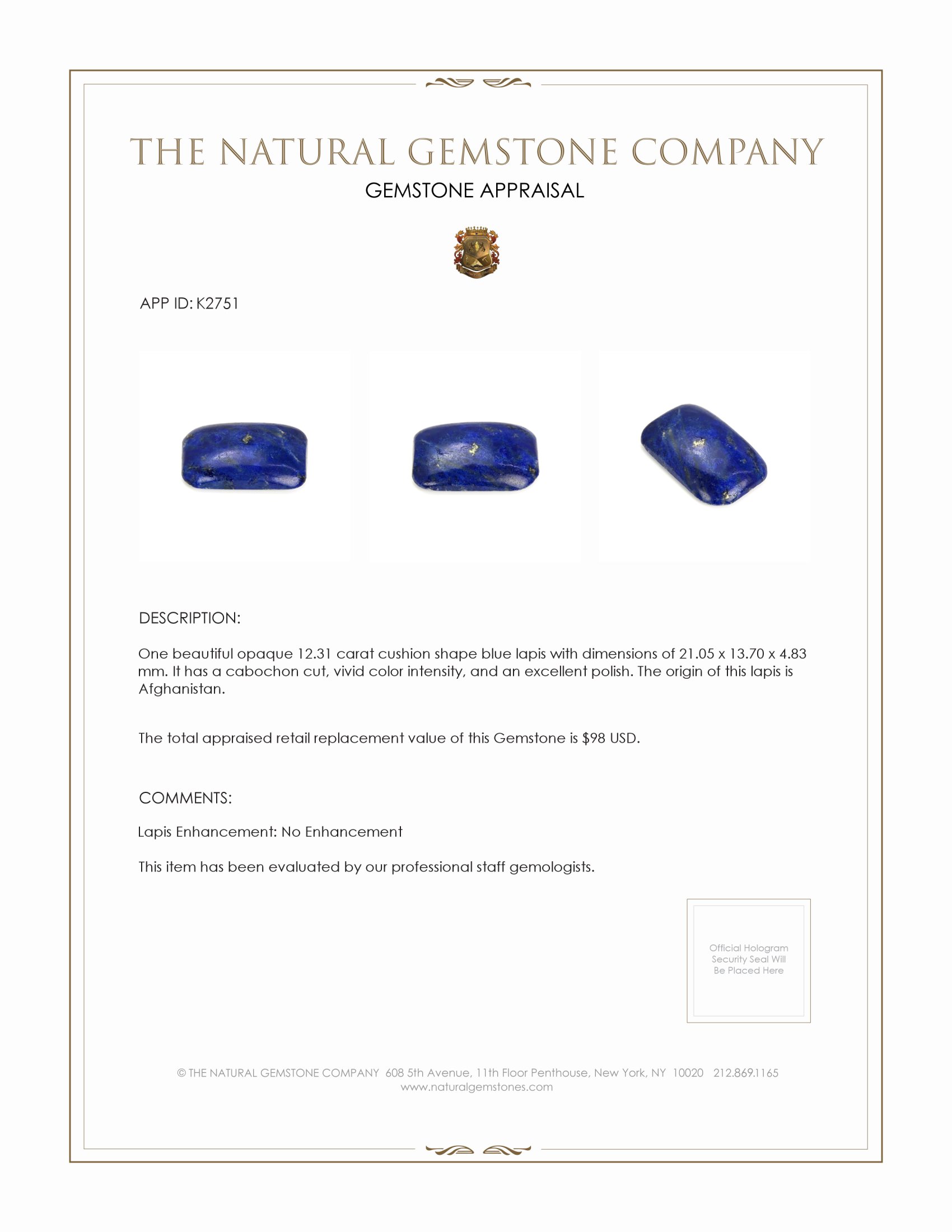 12.31 Ct. Cabochon Lapis from Afghanistan
