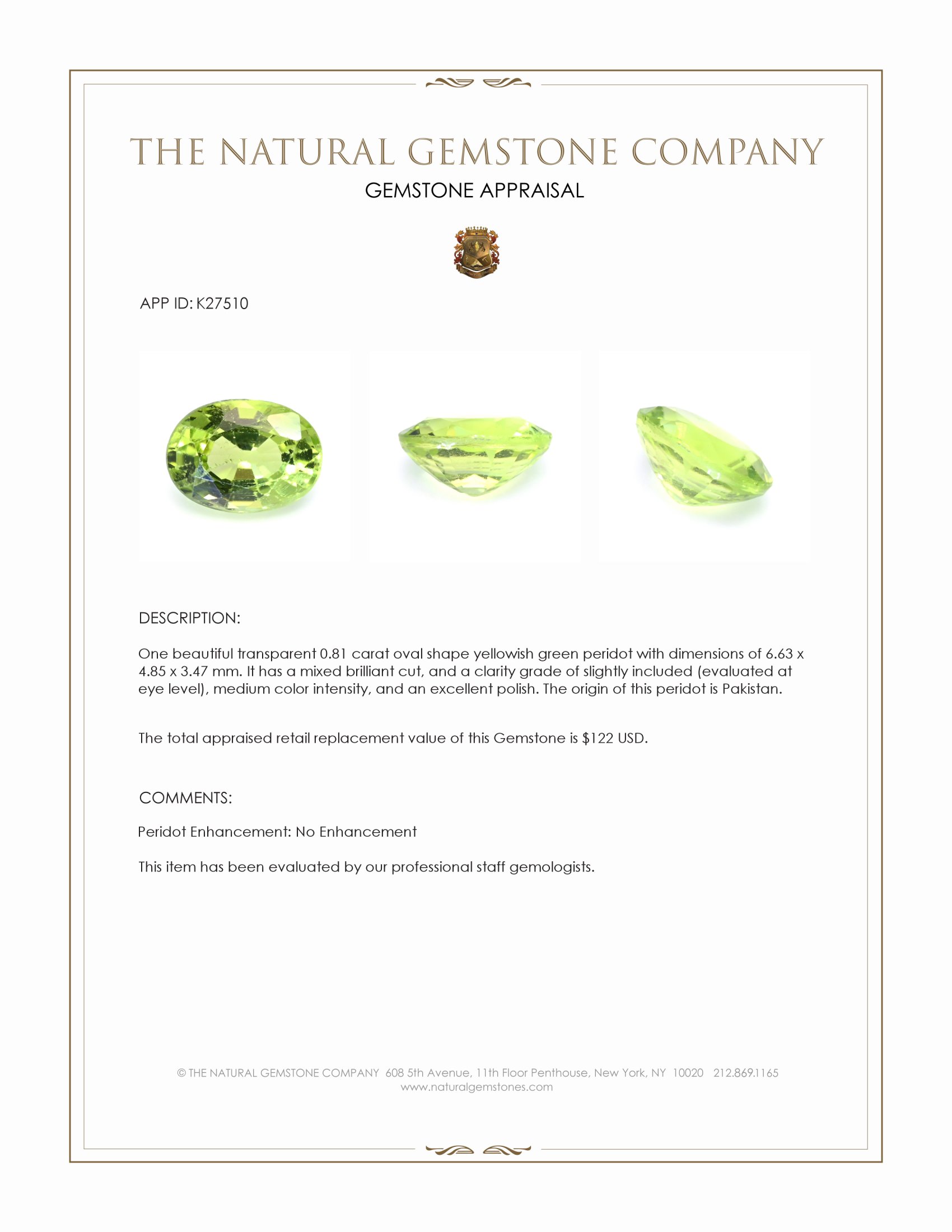 0.81 Ct. Yellowish Green Peridot from Pakistan