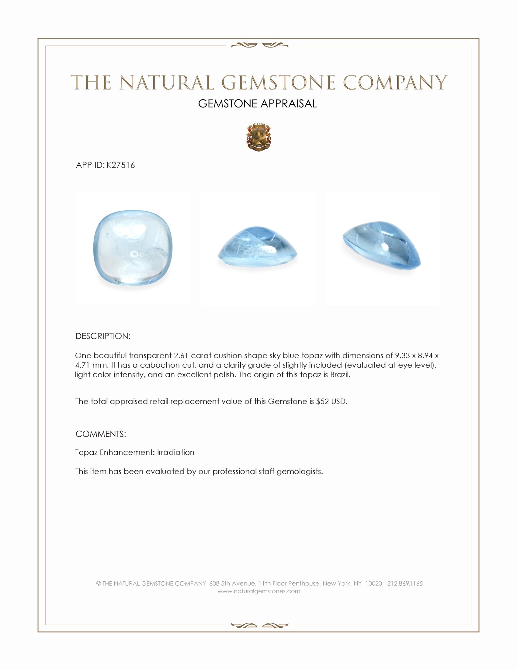 2.61 Ct. Sky Blue Cabochon Topaz from Brazil
