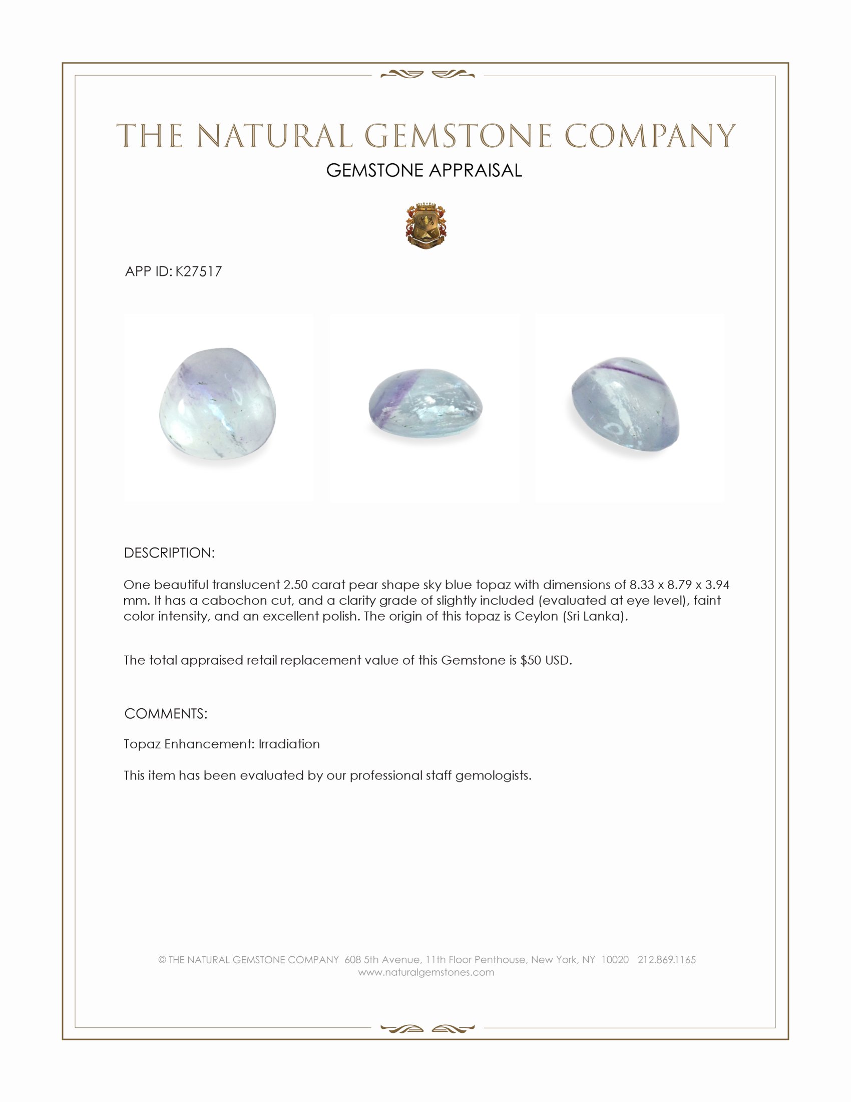 2.50 Ct. Sky Blue Cabochon Topaz from Ceylon (Sri Lanka)