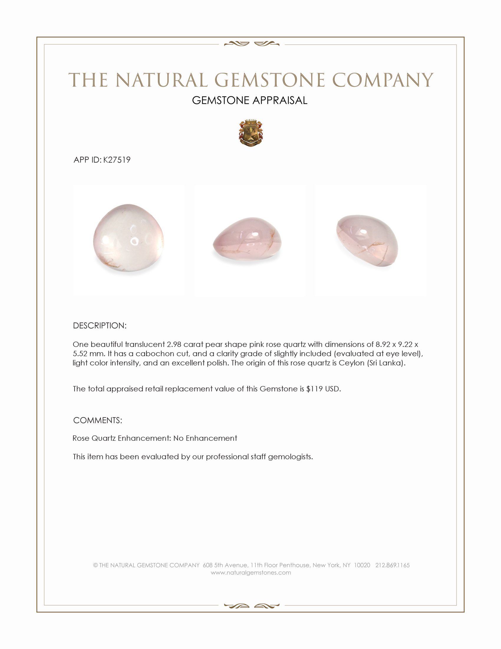 2.98 Ct. Pink Cabochon Rose Quartz from Ceylon (Sri Lanka)