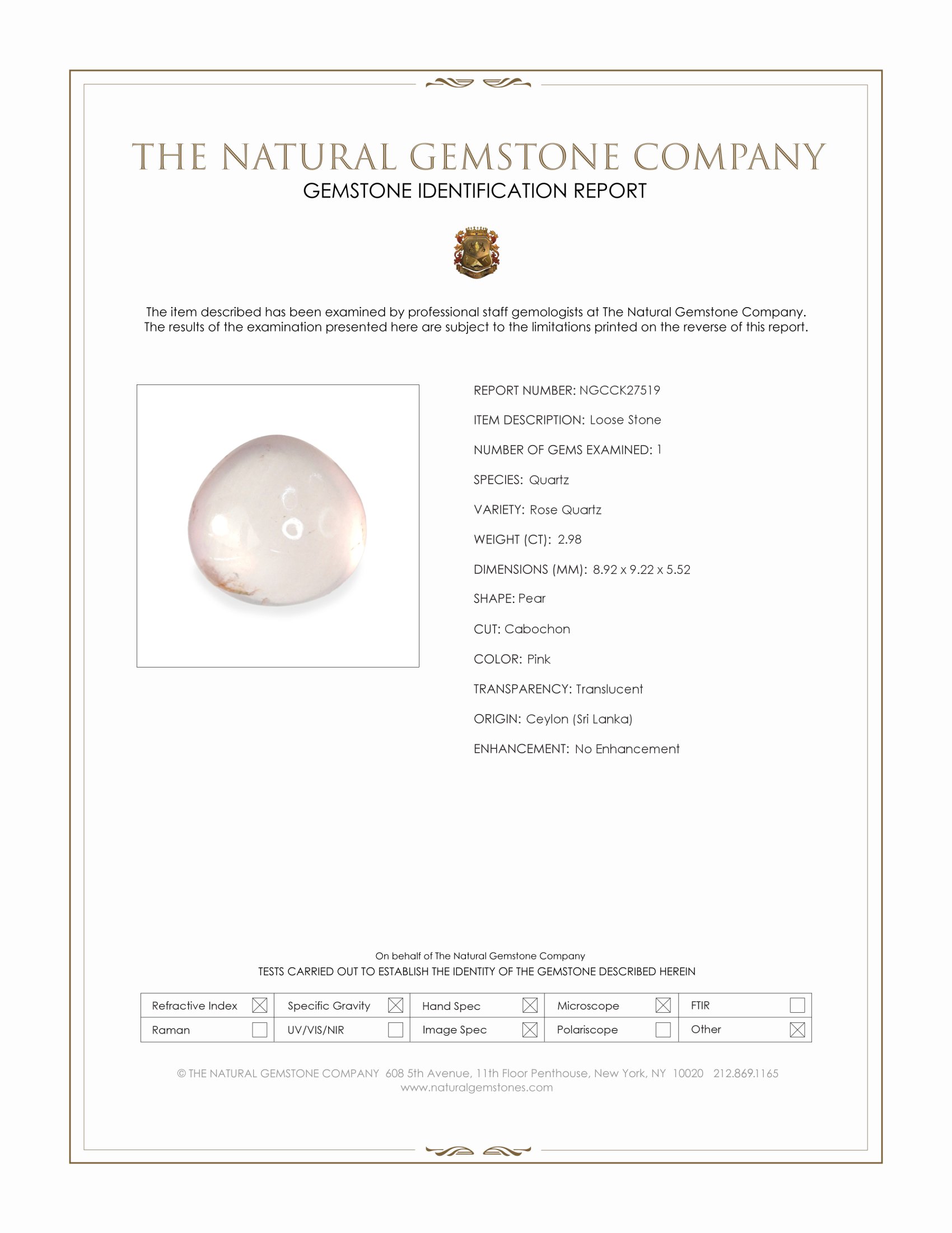 2.98 Ct. Pink Cabochon Rose Quartz from Ceylon (Sri Lanka)