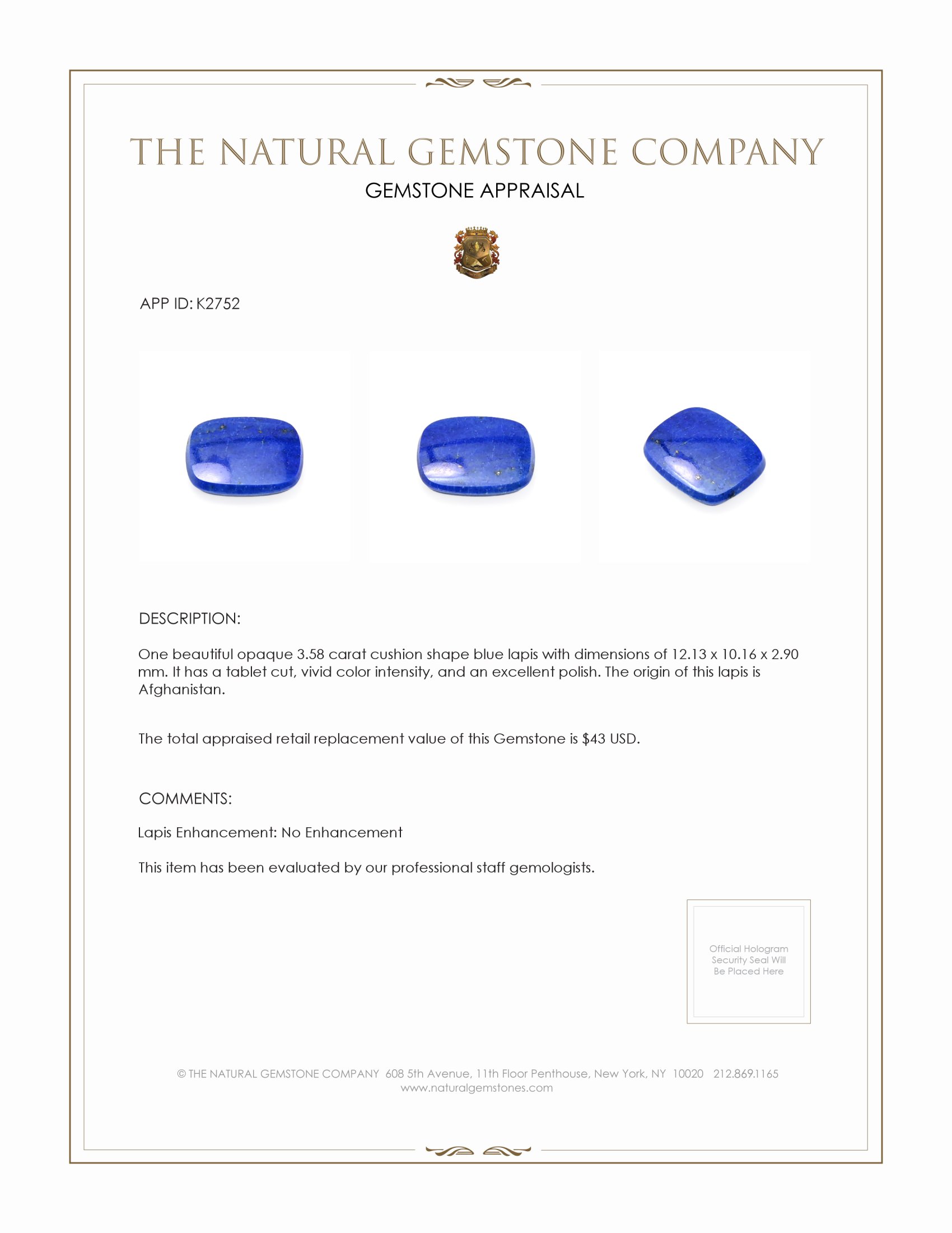 3.58 Ct. Lapis from Afghanistan