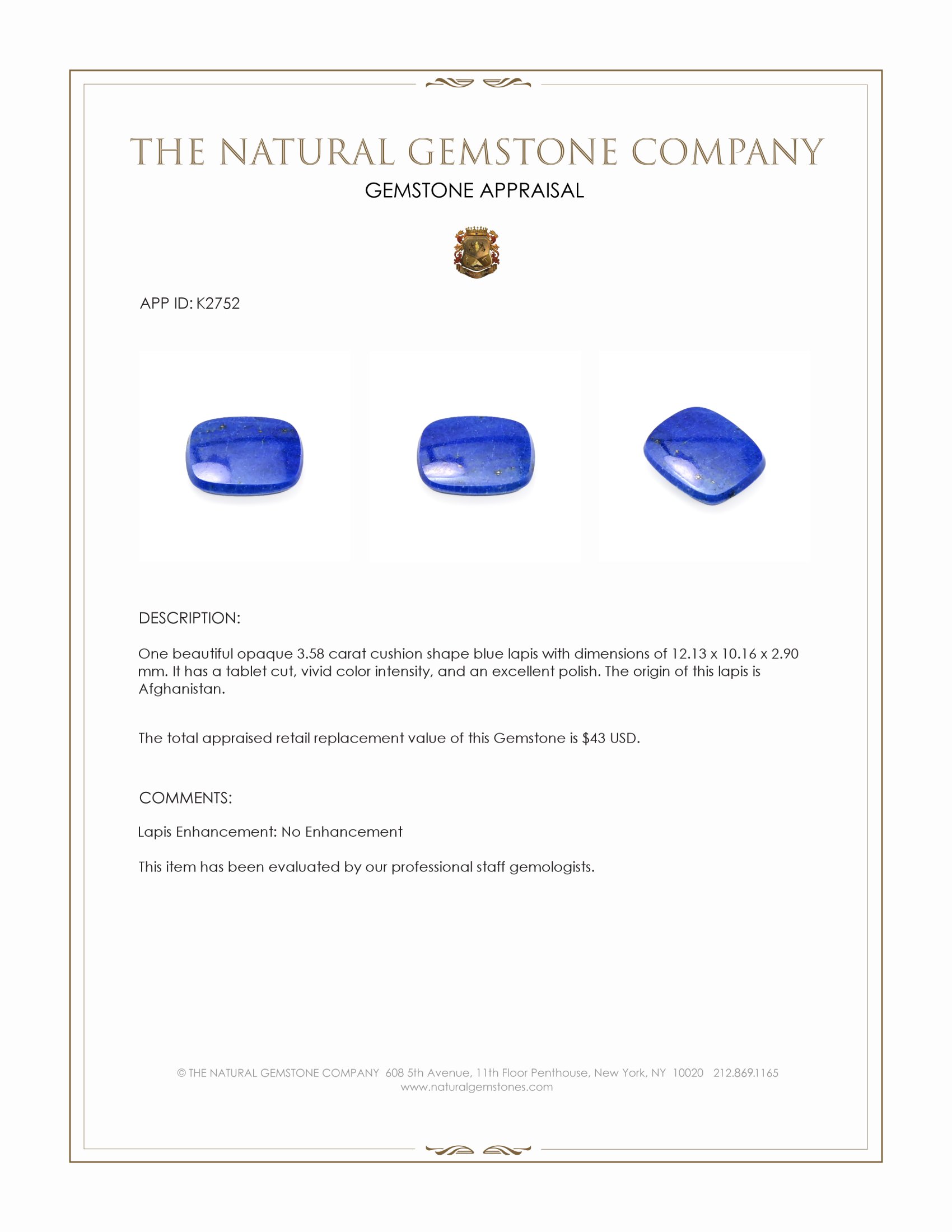 3.58 Ct. Lapis from Afghanistan