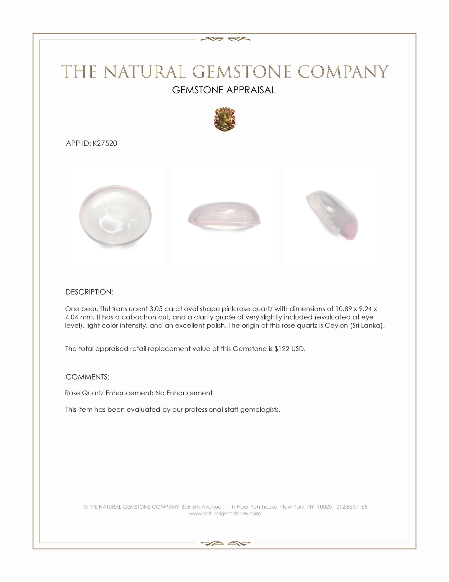 3.05 Ct. Pink Cabochon Rose Quartz from Ceylon (Sri Lanka)