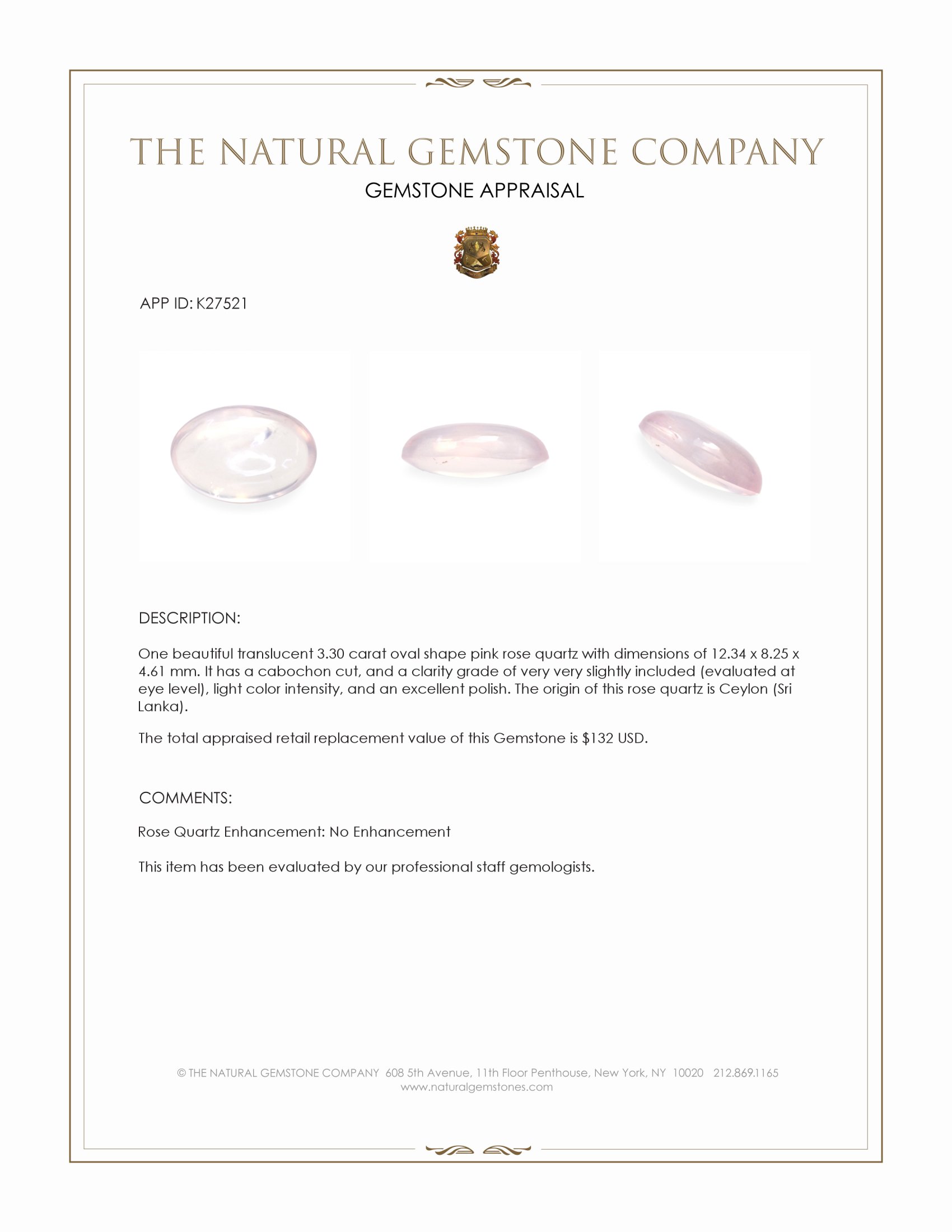 3.30 Ct. Pink Cabochon Rose Quartz from Ceylon (Sri Lanka)