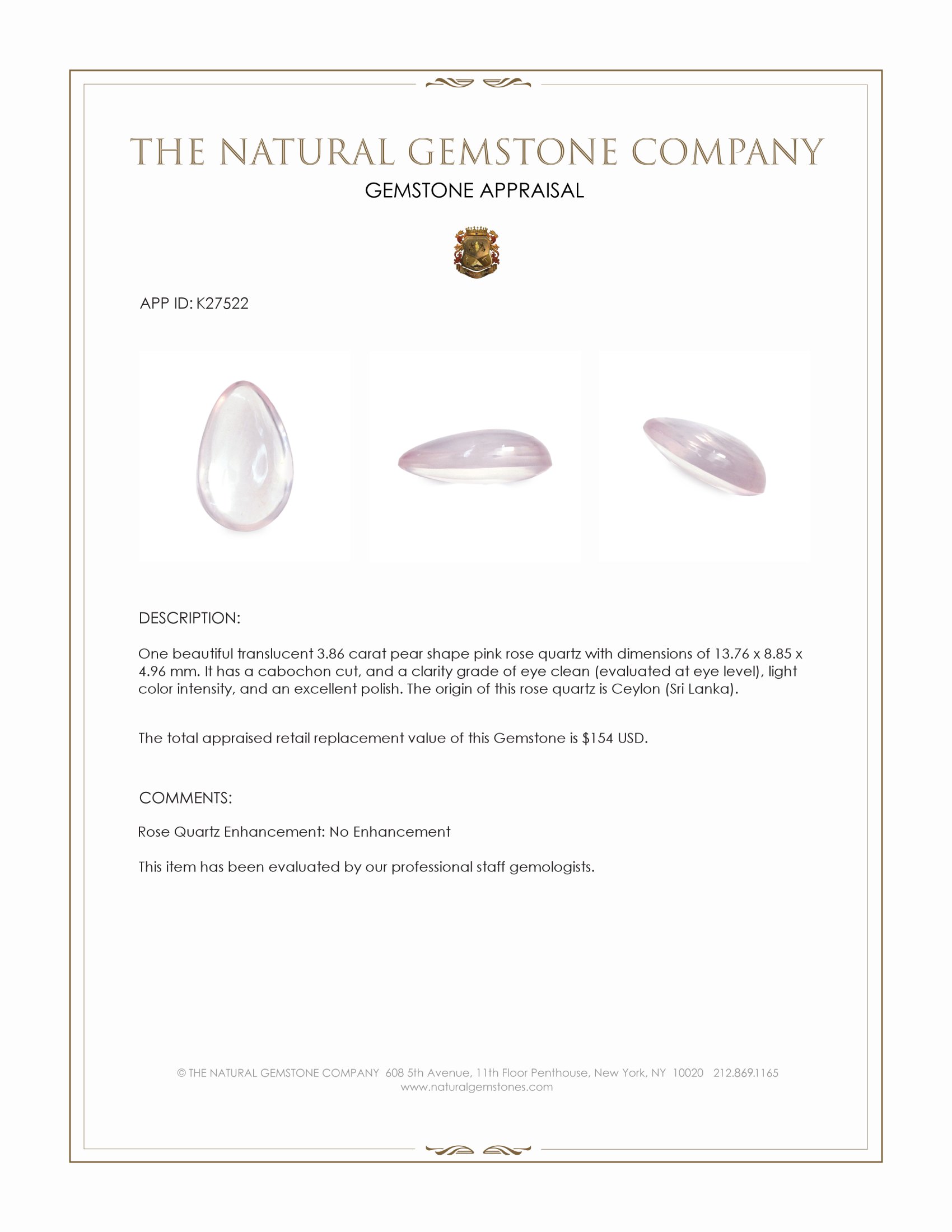 3.86 Ct. Pink Cabochon Rose Quartz from Ceylon (Sri Lanka)