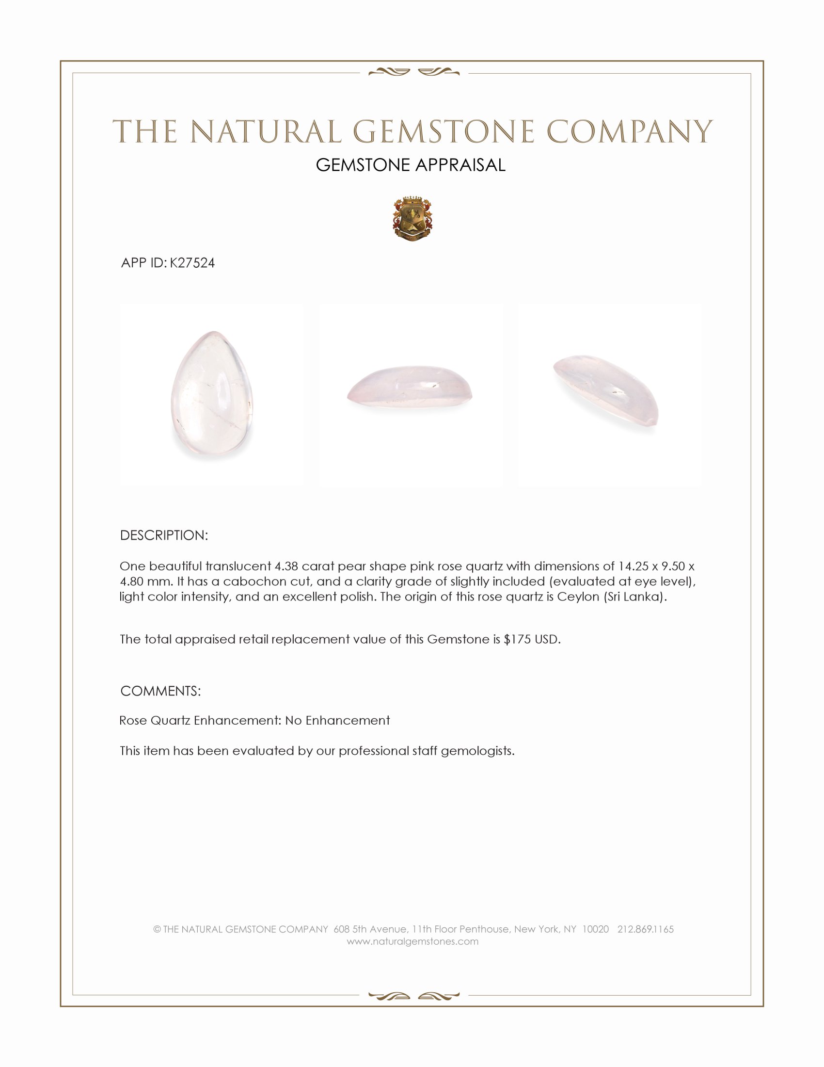 4.38 Ct. Pink Cabochon Rose Quartz from Ceylon (Sri Lanka)