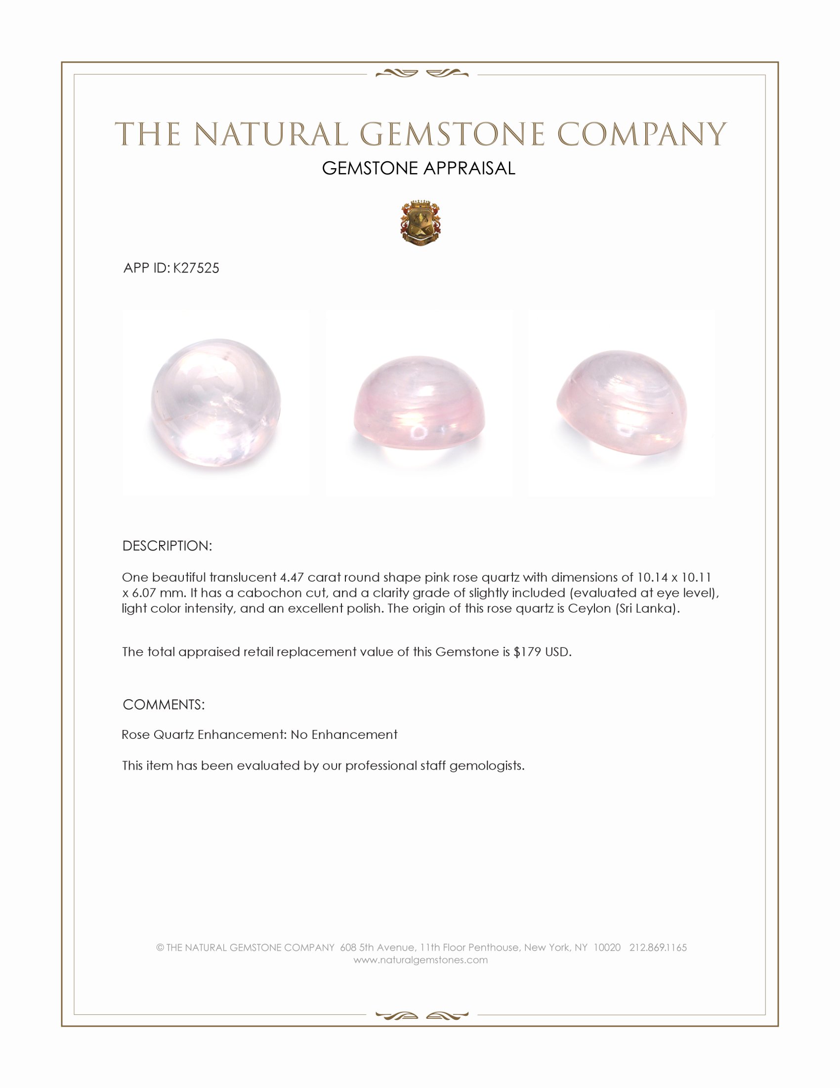 4.47 Ct. Pink Cabochon Rose Quartz from Ceylon (Sri Lanka)
