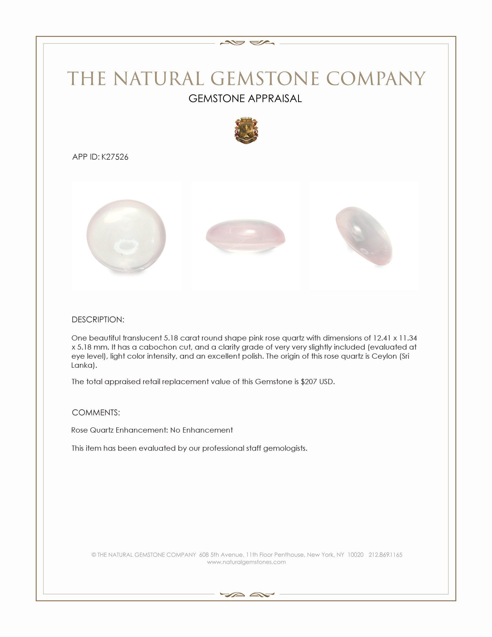 5.18 Ct. Pink Cabochon Rose Quartz from Ceylon (Sri Lanka)