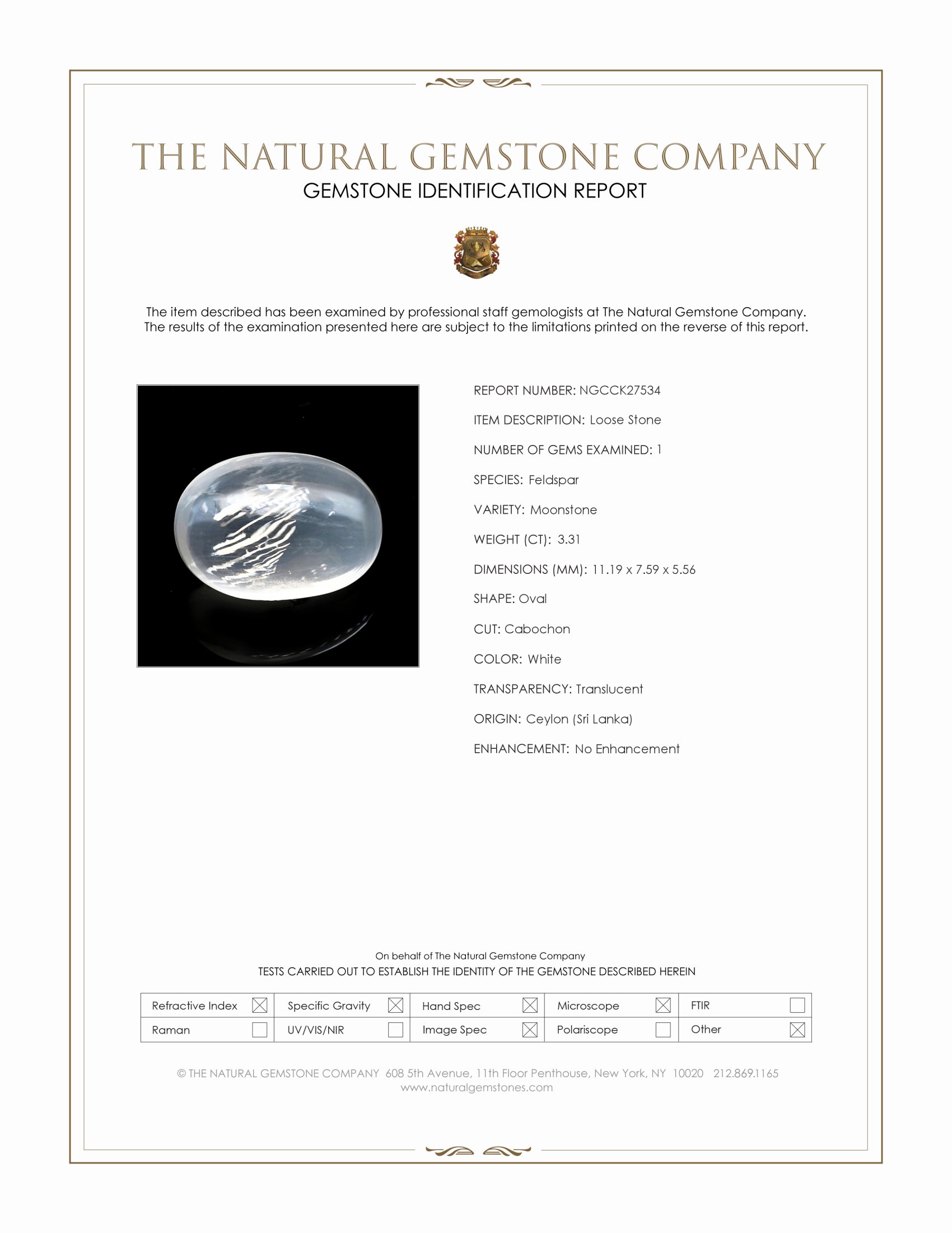 3.31 Ct. White Cabochon Moonstone from Ceylon (Sri Lanka)