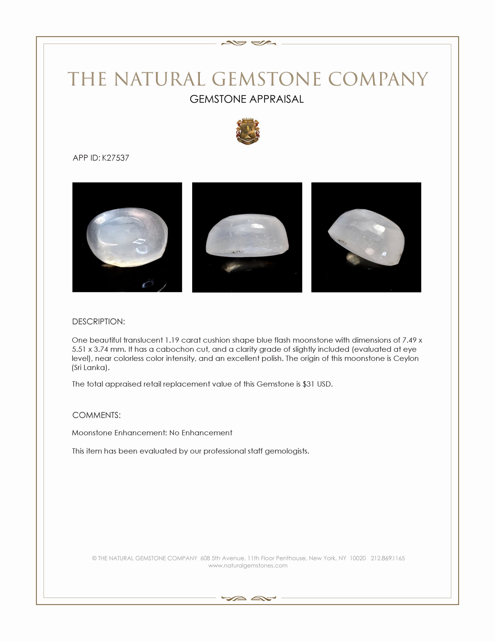 1.19 Ct. Blue Flash Cabochon Moonstone from Ceylon (Sri Lanka)