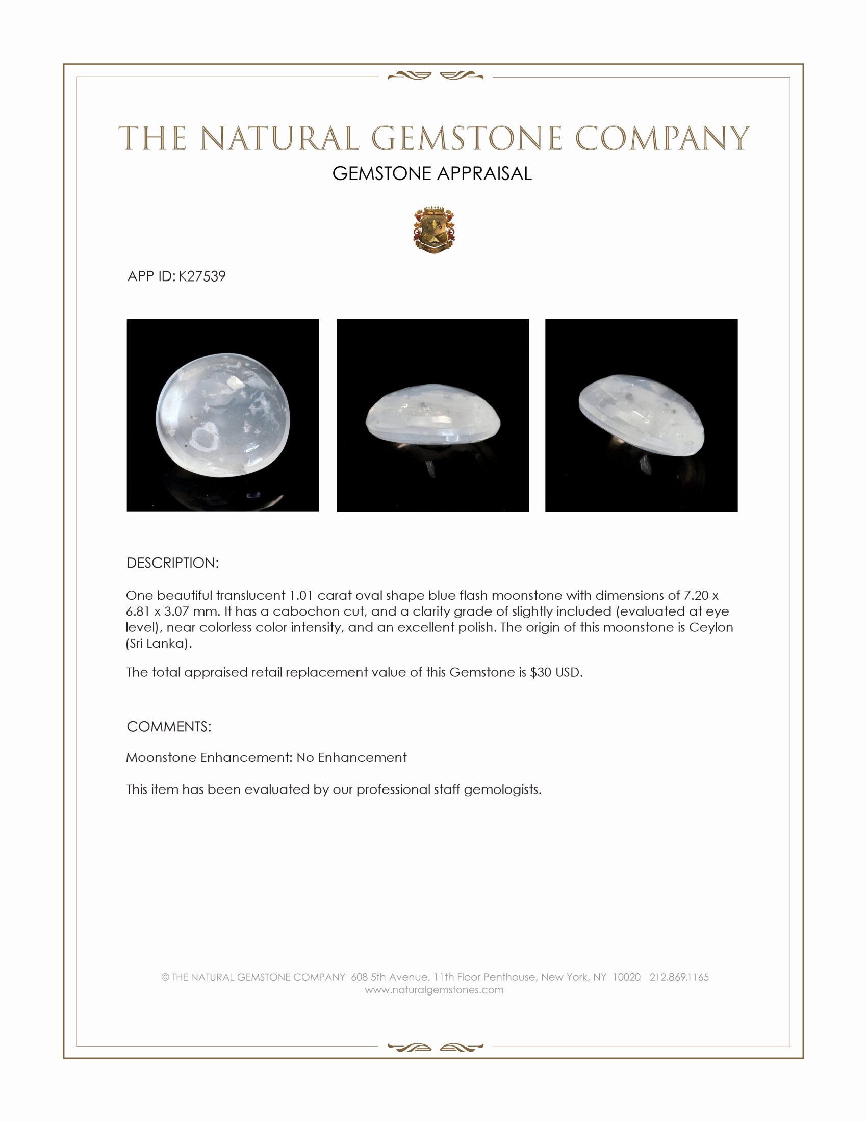 1.01 Ct. Blue Flash Cabochon Moonstone from Ceylon (Sri Lanka)