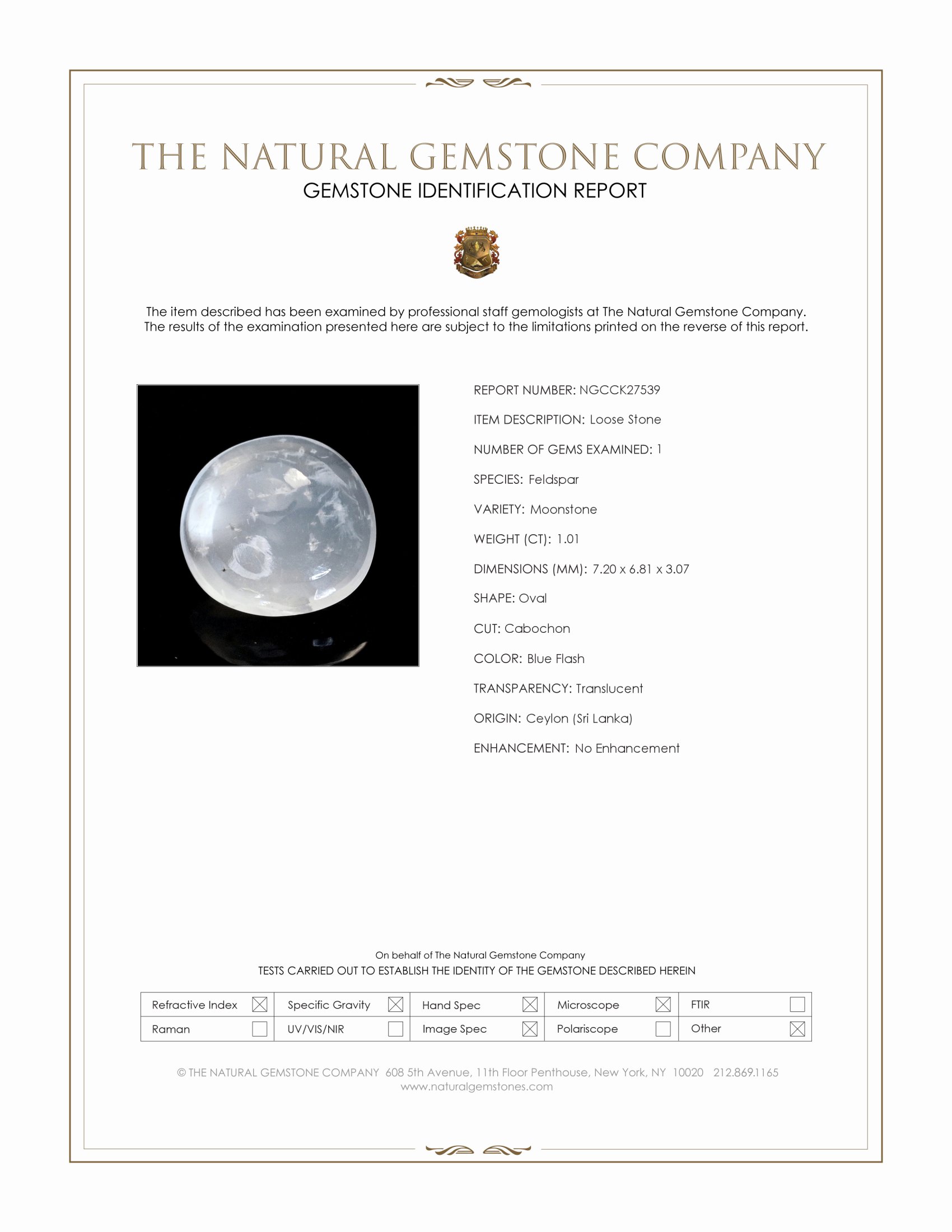 1.01 Ct. Blue Flash Cabochon Moonstone from Ceylon (Sri Lanka)
