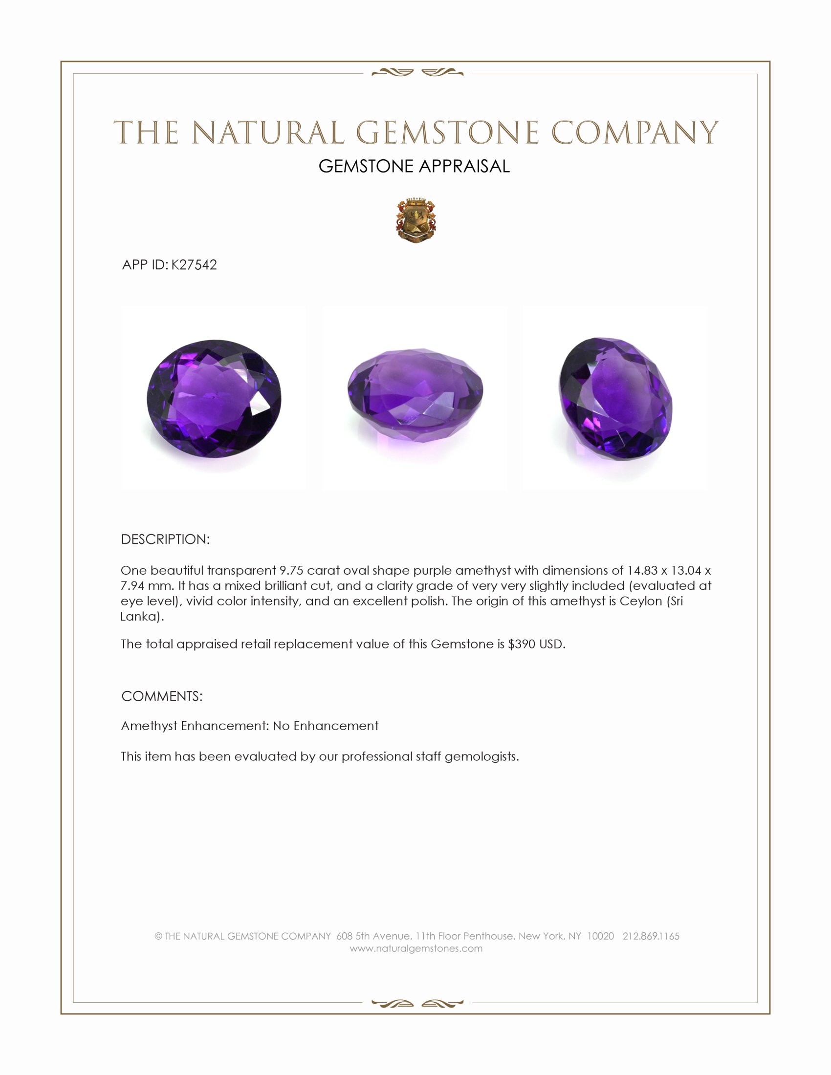 9.75 Ct. Purple Amethyst from Ceylon (Sri Lanka)