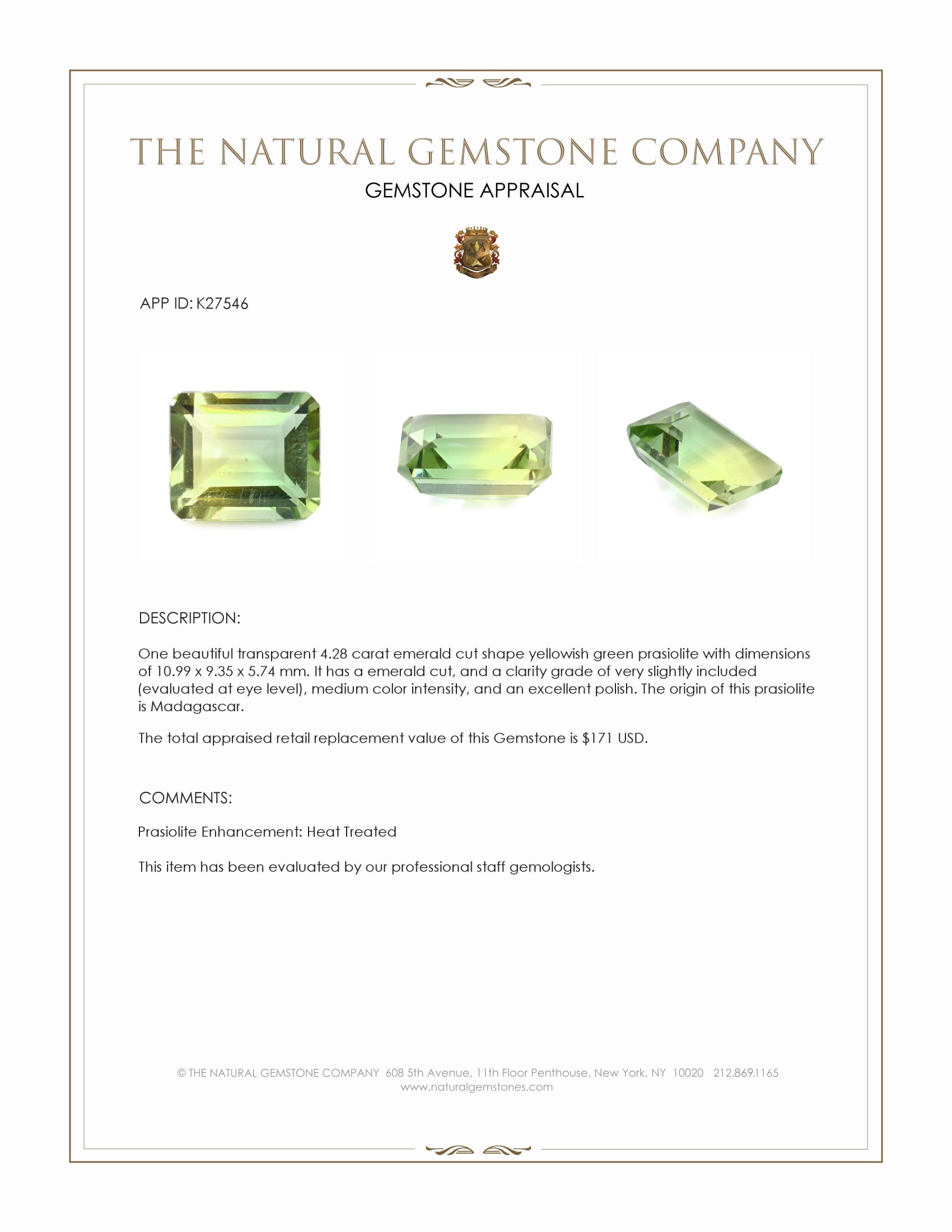 4.28 Ct. Yellowish Green Prasiolite from Madagascar