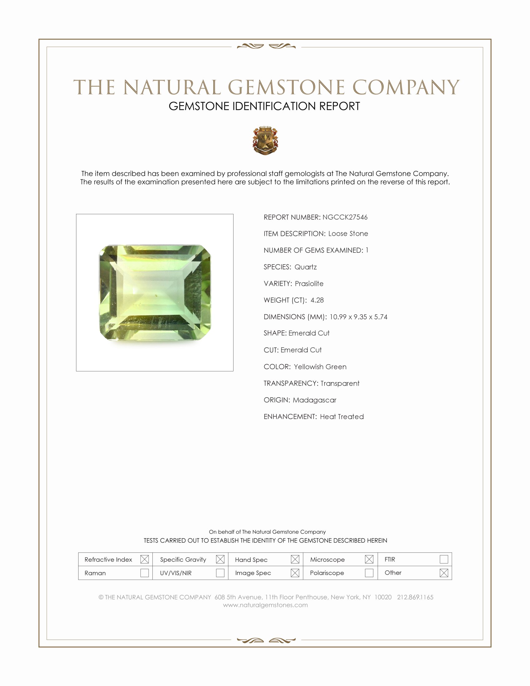 4.28 Ct. Yellowish Green Prasiolite from Madagascar