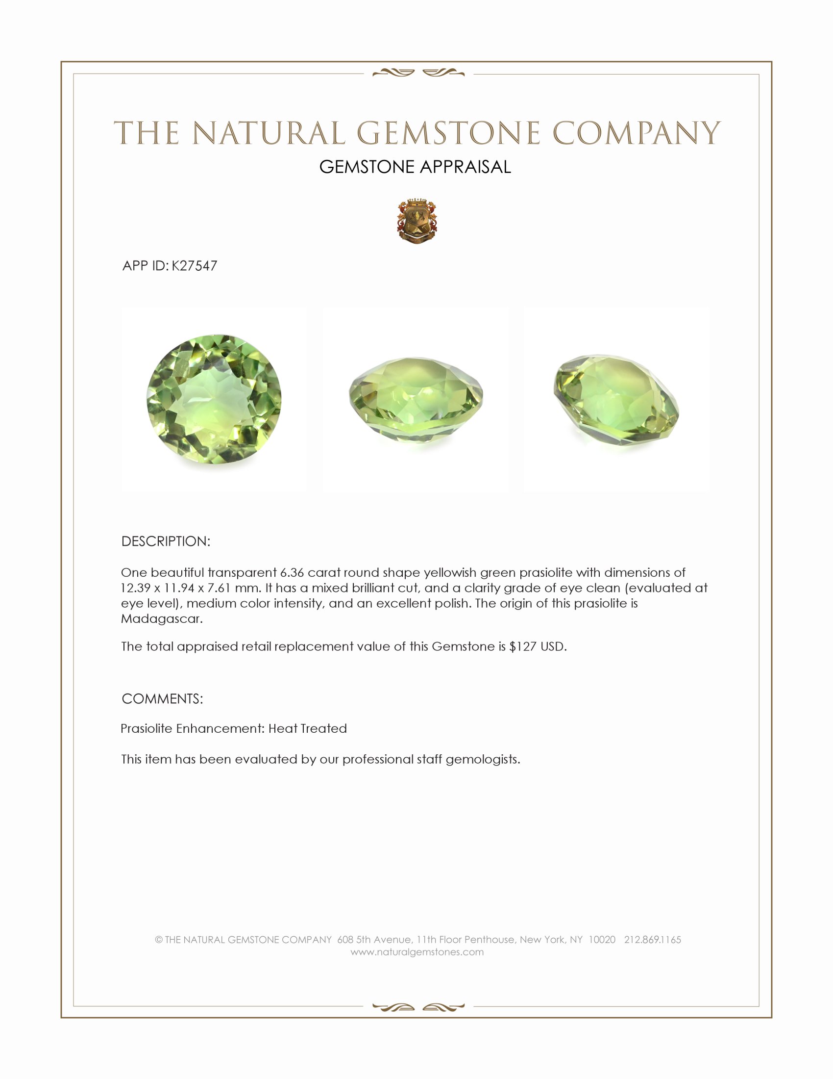 6.36 Ct. Yellowish Green Prasiolite from Madagascar