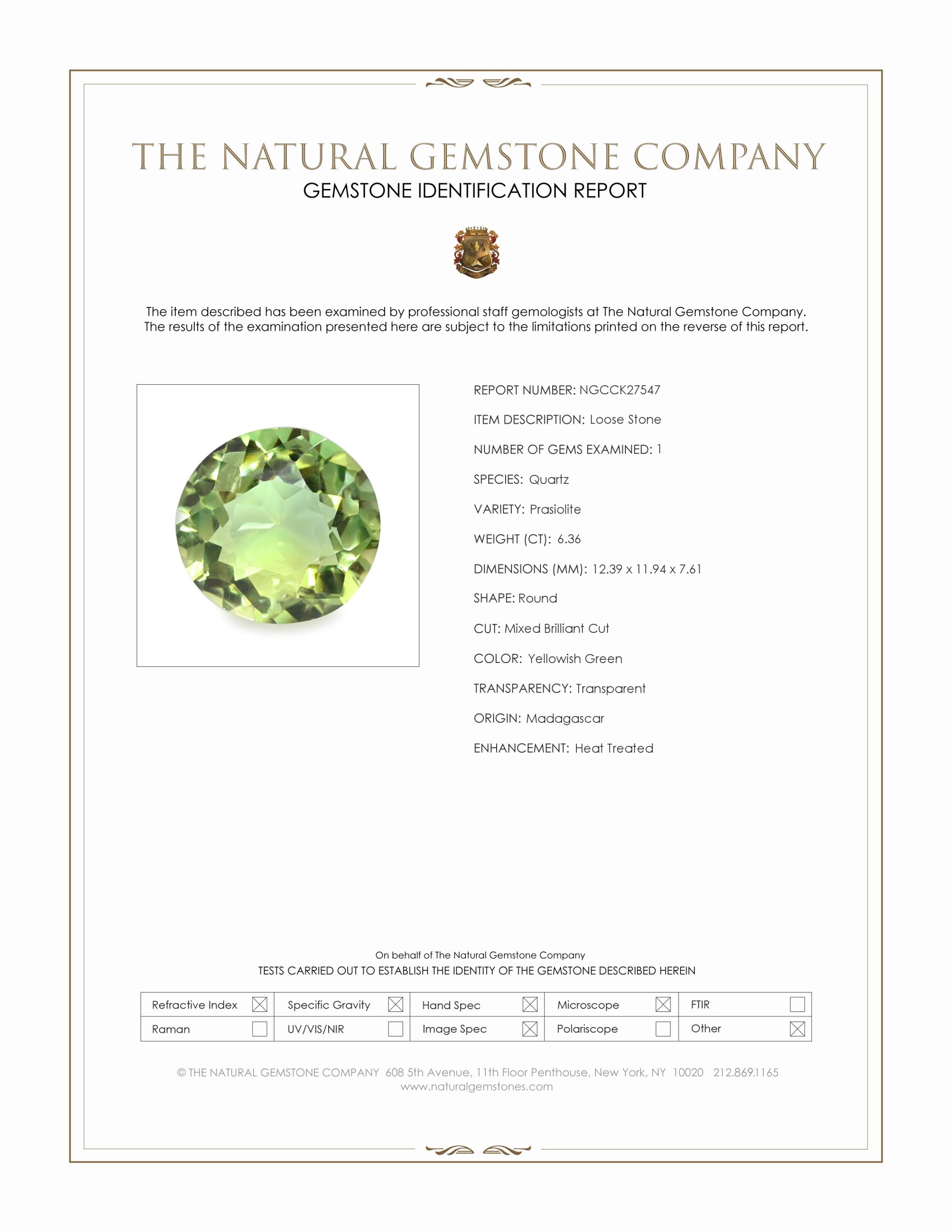 6.36 Ct. Yellowish Green Prasiolite from Madagascar