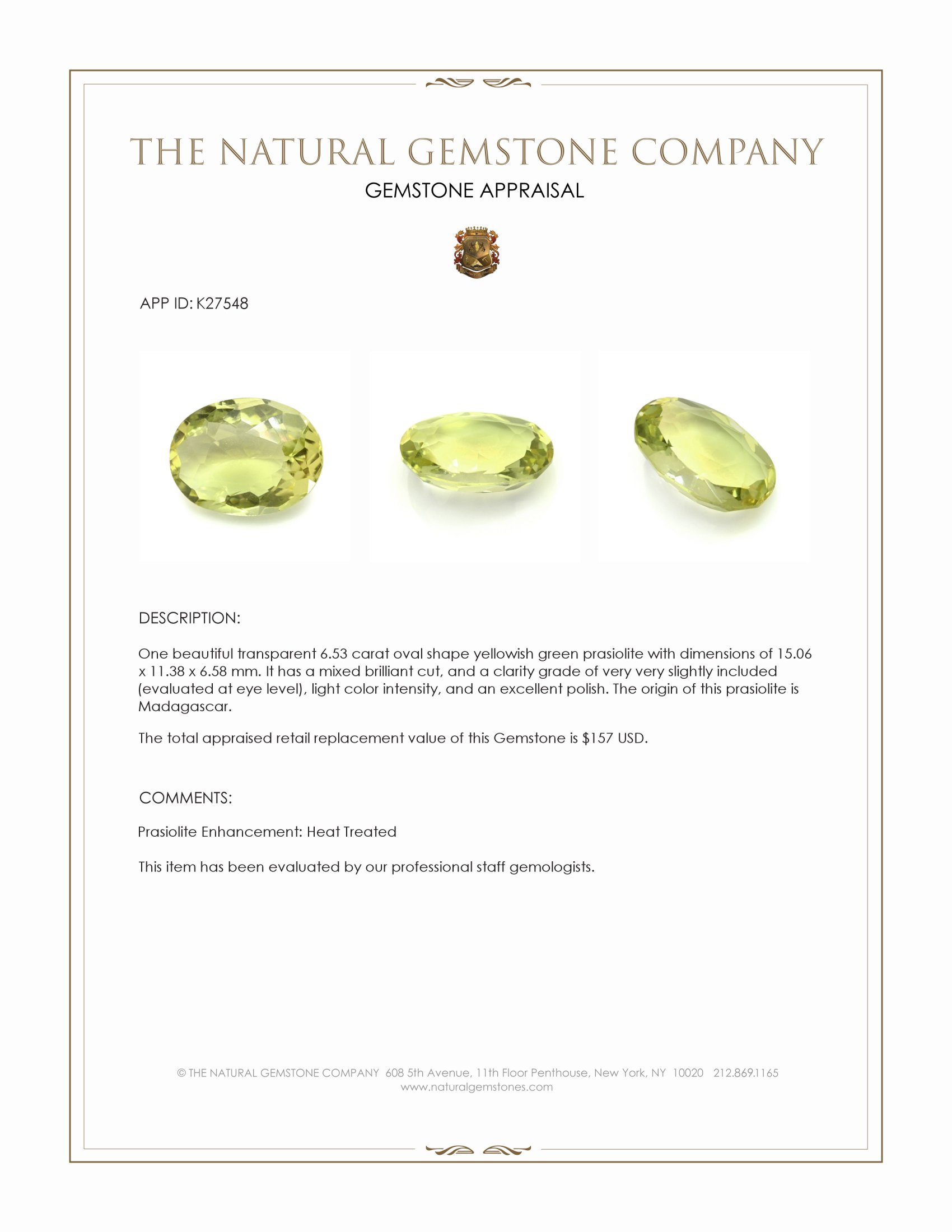 6.53 Ct. Yellowish Green Prasiolite from Madagascar