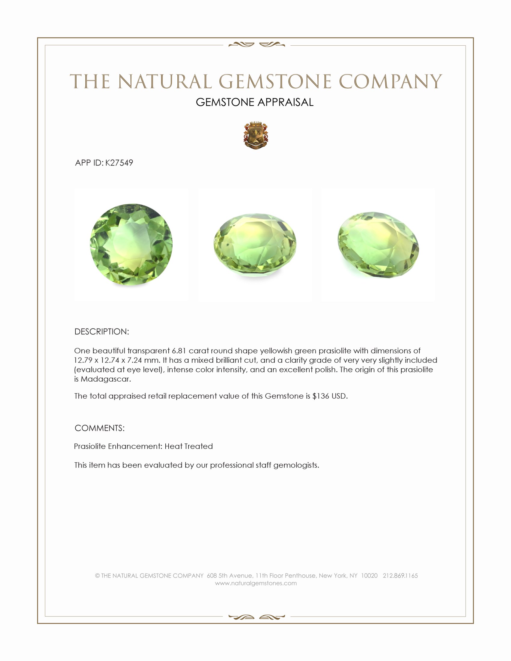 6.81 Ct. Yellowish Green Prasiolite from Madagascar