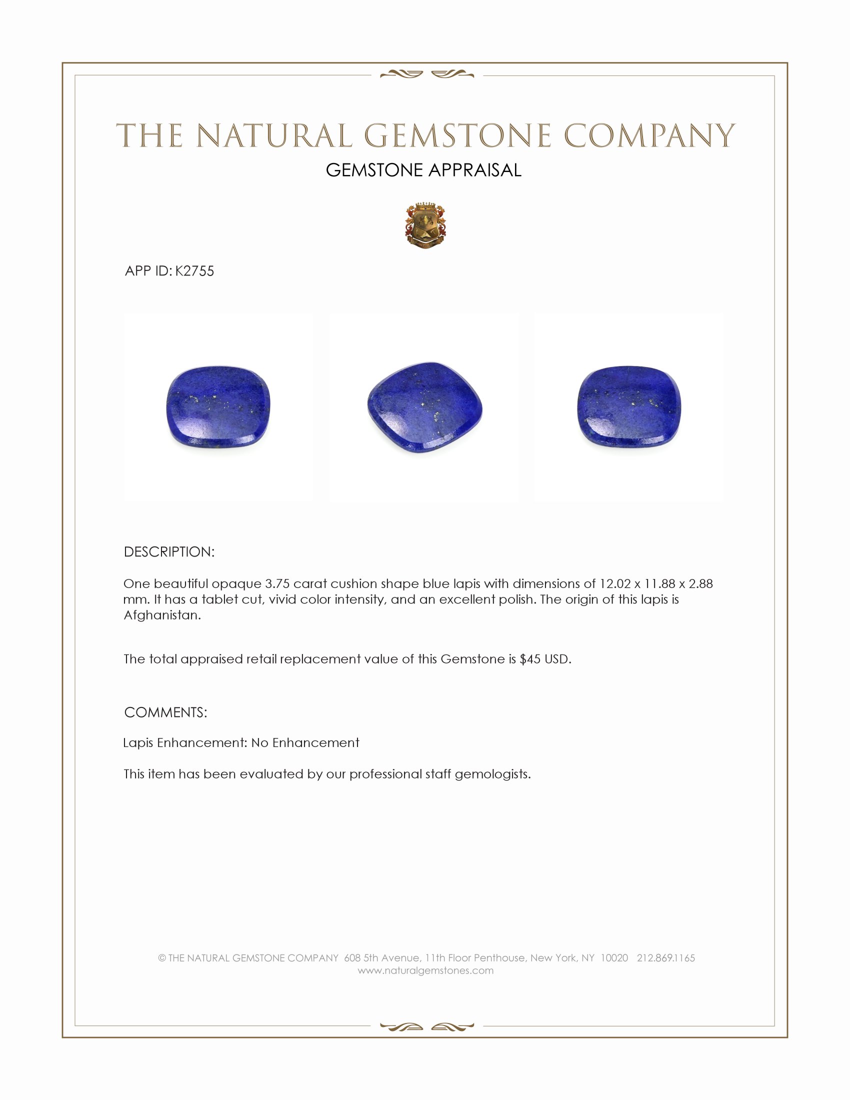 3.75 Ct. Lapis from Afghanistan