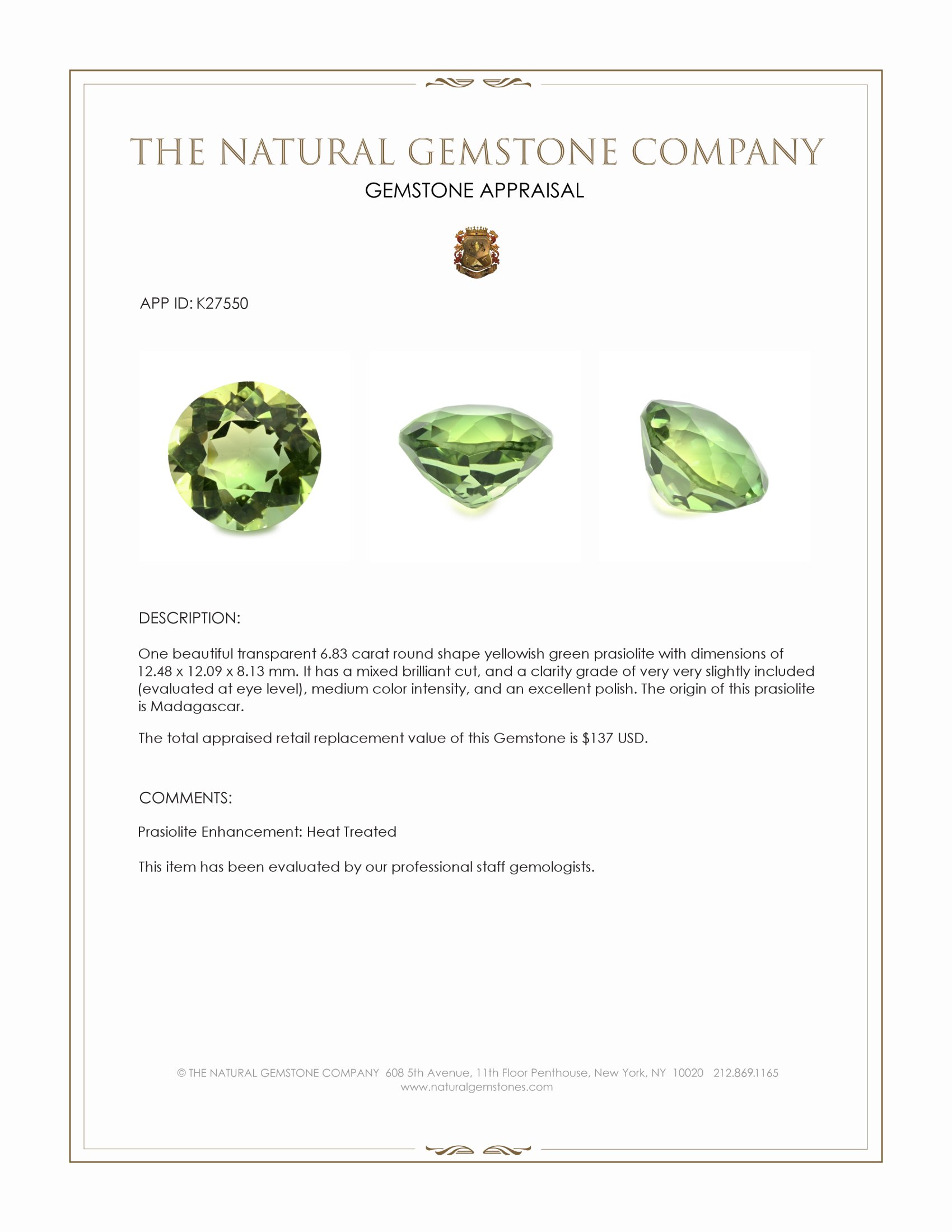 6.83 Ct. Yellowish Green Prasiolite from Madagascar