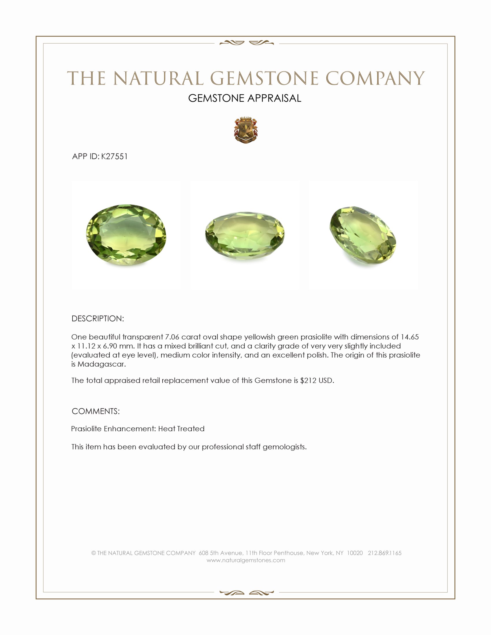 7.06 Ct. Yellowish Green Prasiolite from Madagascar